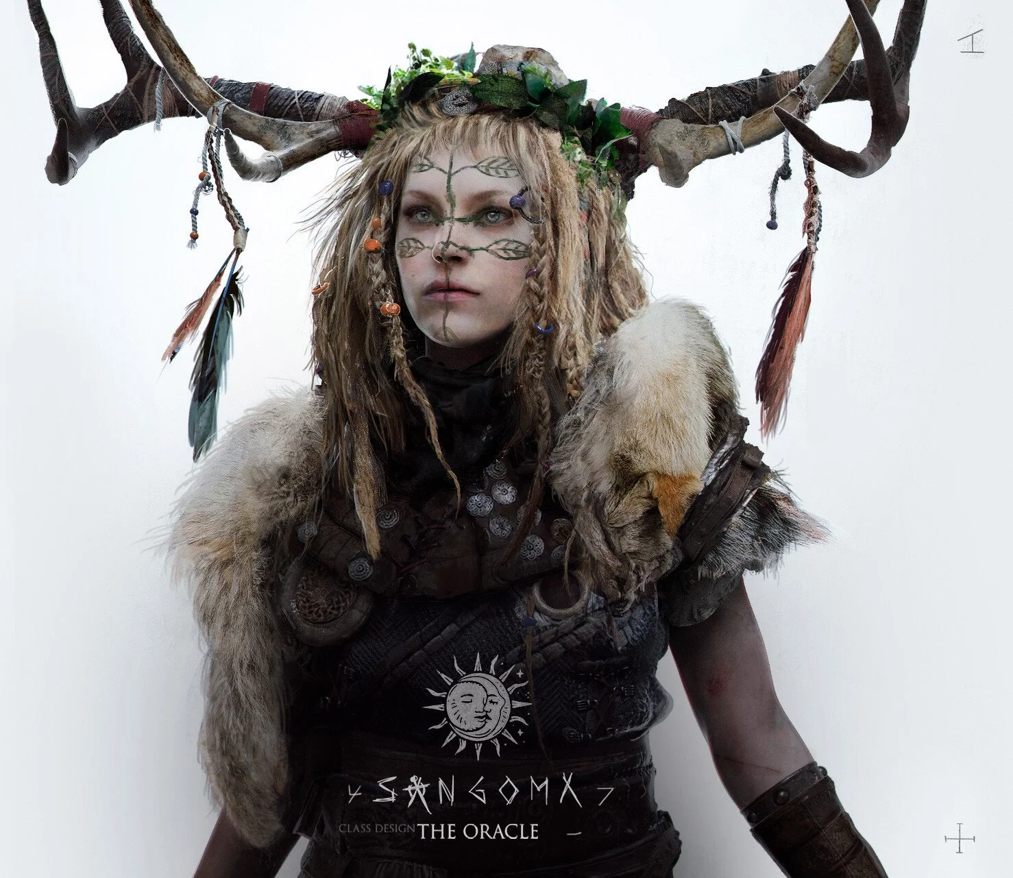 A woman dressed as a mythological or tribal figure, wearing a headdress made of branches, feathers, and beads, with face paint and intricate details on her clothing, against a plain background.