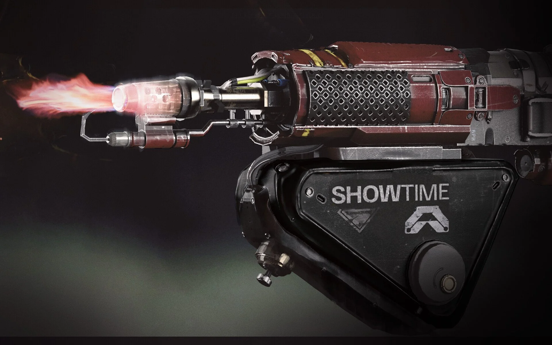 A detailed futuristic firearm with a muzzle flash, mounted on a black device with the Showtime logo, set against a dark background.