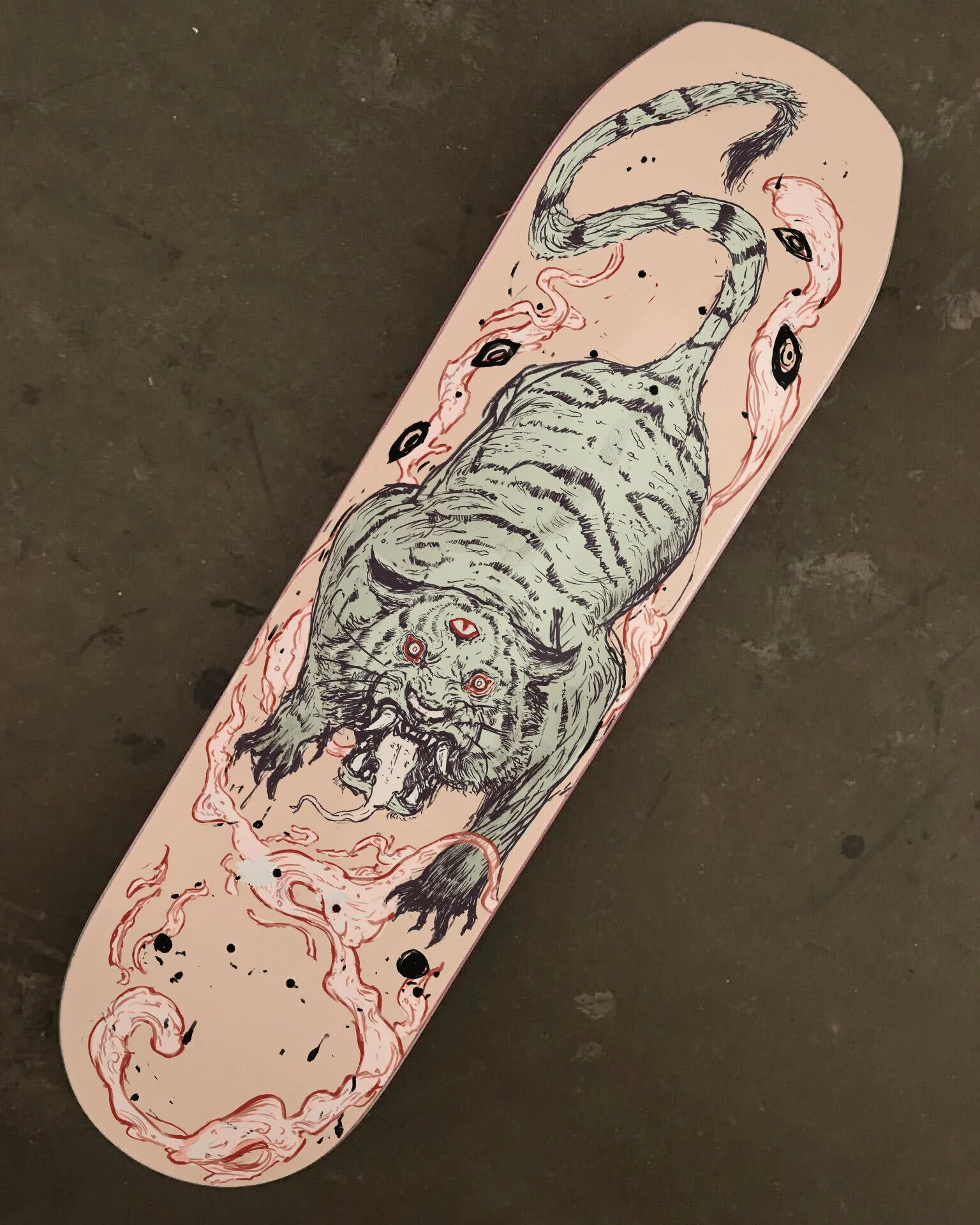 Skateboard deck with a detailed illustration of a fierce, snarling tiger with glowing eyes, surrounded by swirling pink and black abstract designs.