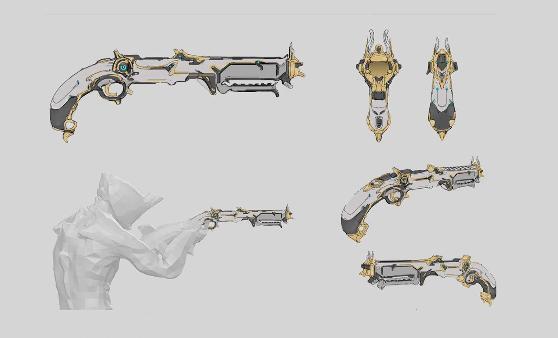 A beautiful gun weapon concept design by concept artist Miguel Nogueira, featuring alien forms with its rounded form language