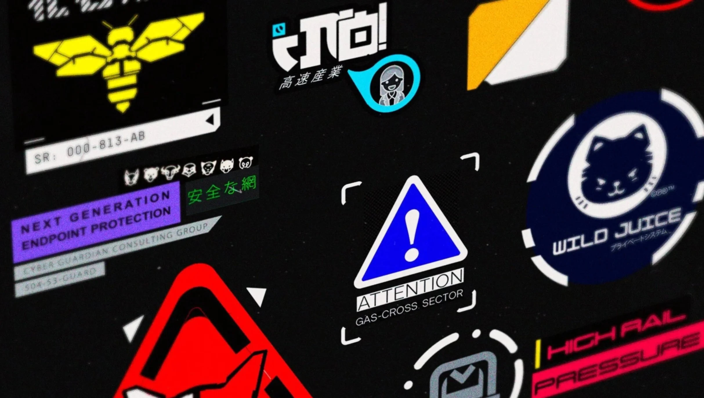 Close-up of a collection of security and caution stickers, including caution symbols, warning messages, and safety icons on a dark background.