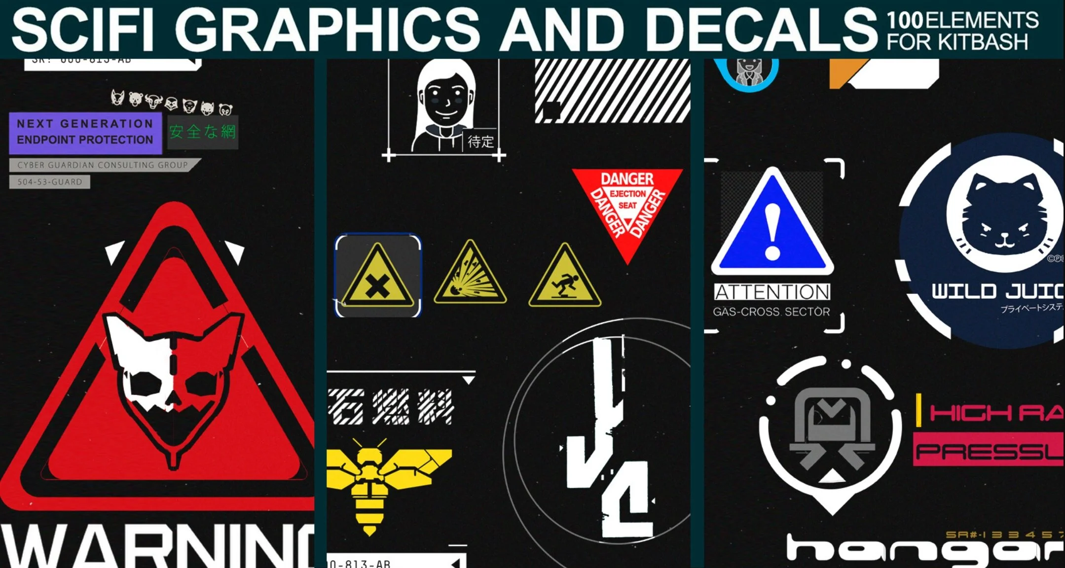 Collection of sci-fi graphic decals and warning signs including a warning triangle with a skull, caution signs, an exclamation mark for gas-cross sector, and warning labels with text such as "Danger," "Warning," and "High Pressure."