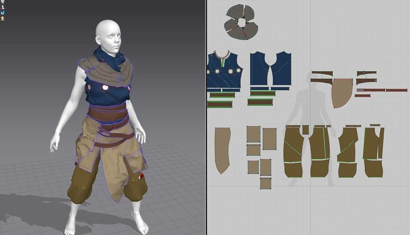 wireframe of realistic work in progress of costume design concept art with marvelous designer