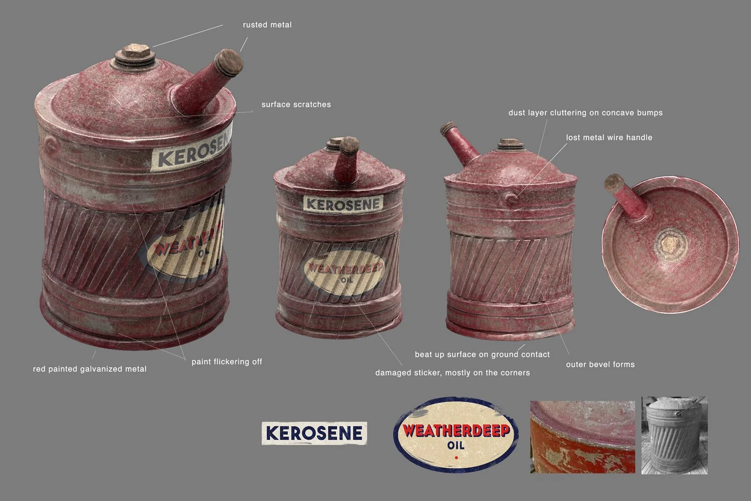 Photograph of four weathered old oil cans with red paint, labeled 'Kerosene' and 'Weatherdeep Oil' with annotations pointing out rust, scratches, dust, damage, and missing handles, on a gray background.