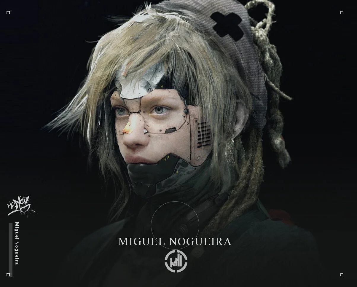 Portrait of a woman with cybernetic and robotic enhancements, blonde hair with dreadlocks, wearing a futuristic headgear and black clothing. The background is black, and text overlays include her name, Miguel Nogueira.