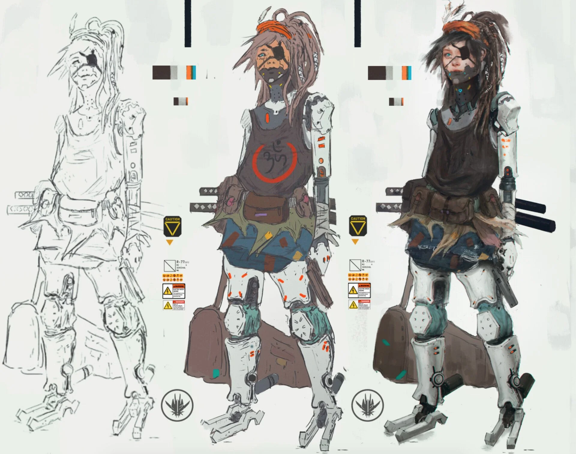 Progression of a female character design from a sketch to a colored, detailed illustration in a futuristic, sci-fi style. The character has long, wild hair, an eye patch, and mechanical legs. She wears a black sleeveless top, cargo shorts, and carrie