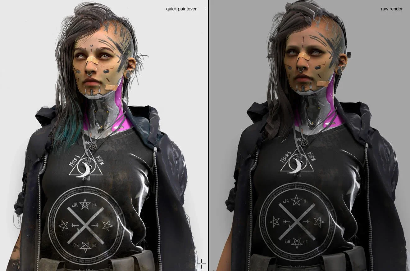 before and after painting over a 3d model for concept art processes