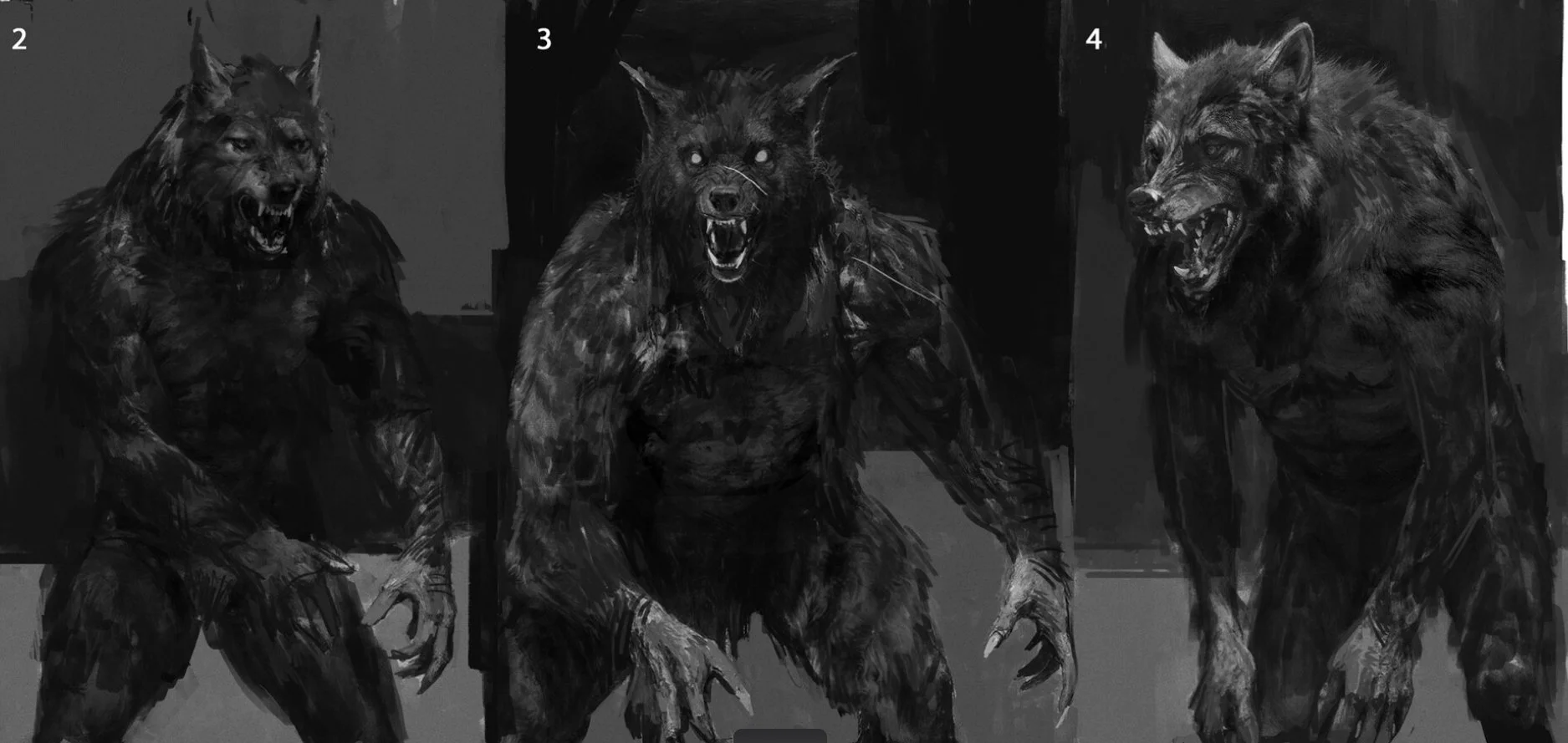 Black and white digital artwork of three werewolf characters in aggressive poses with snarling faces.