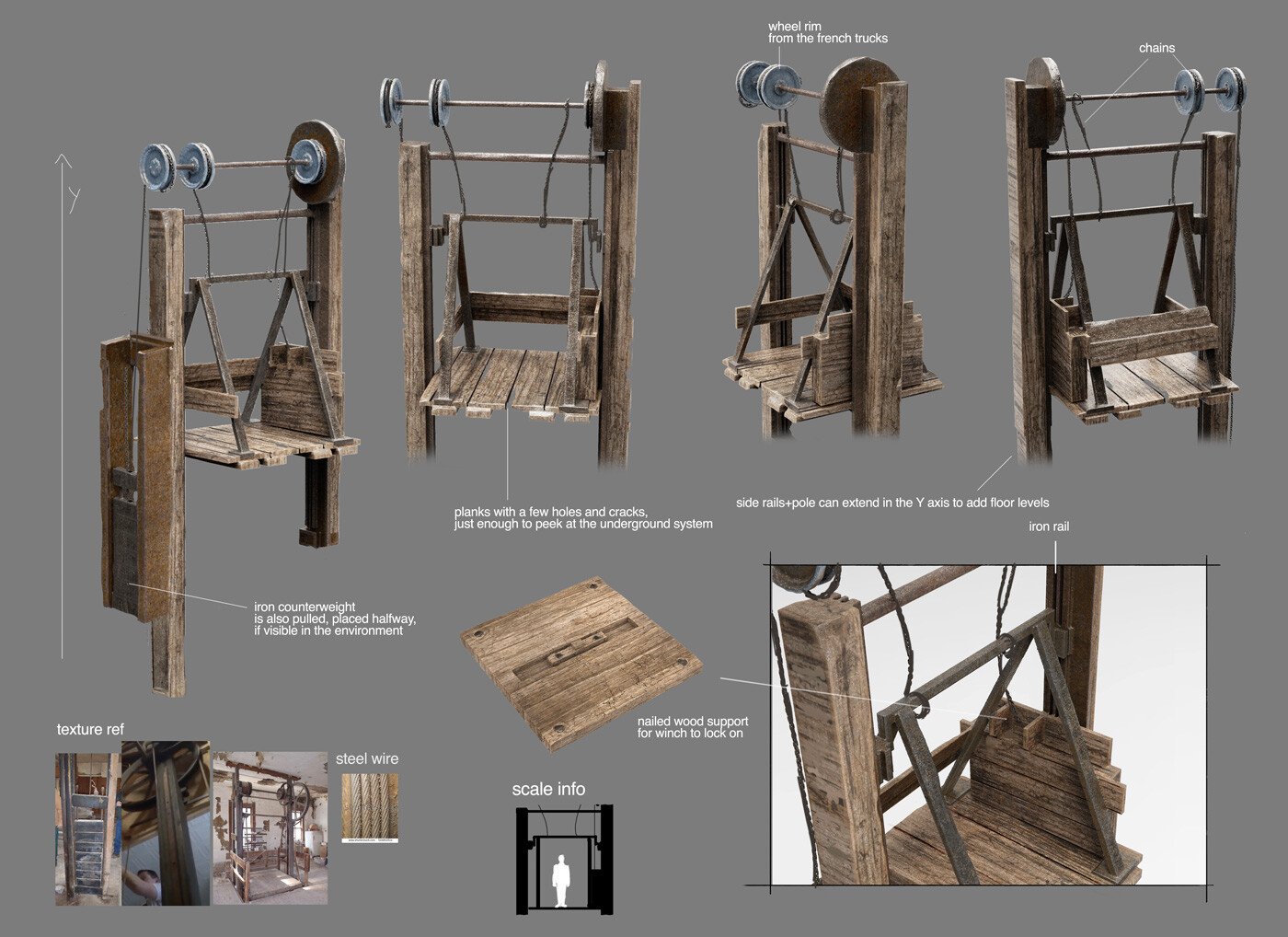 Diagram of a wooden swing with metal and rope components, showing different views and labeled parts including wheel rims from French trucks, steel wire, iron rail, side rails to extend for additional floors, nails, and support structures.