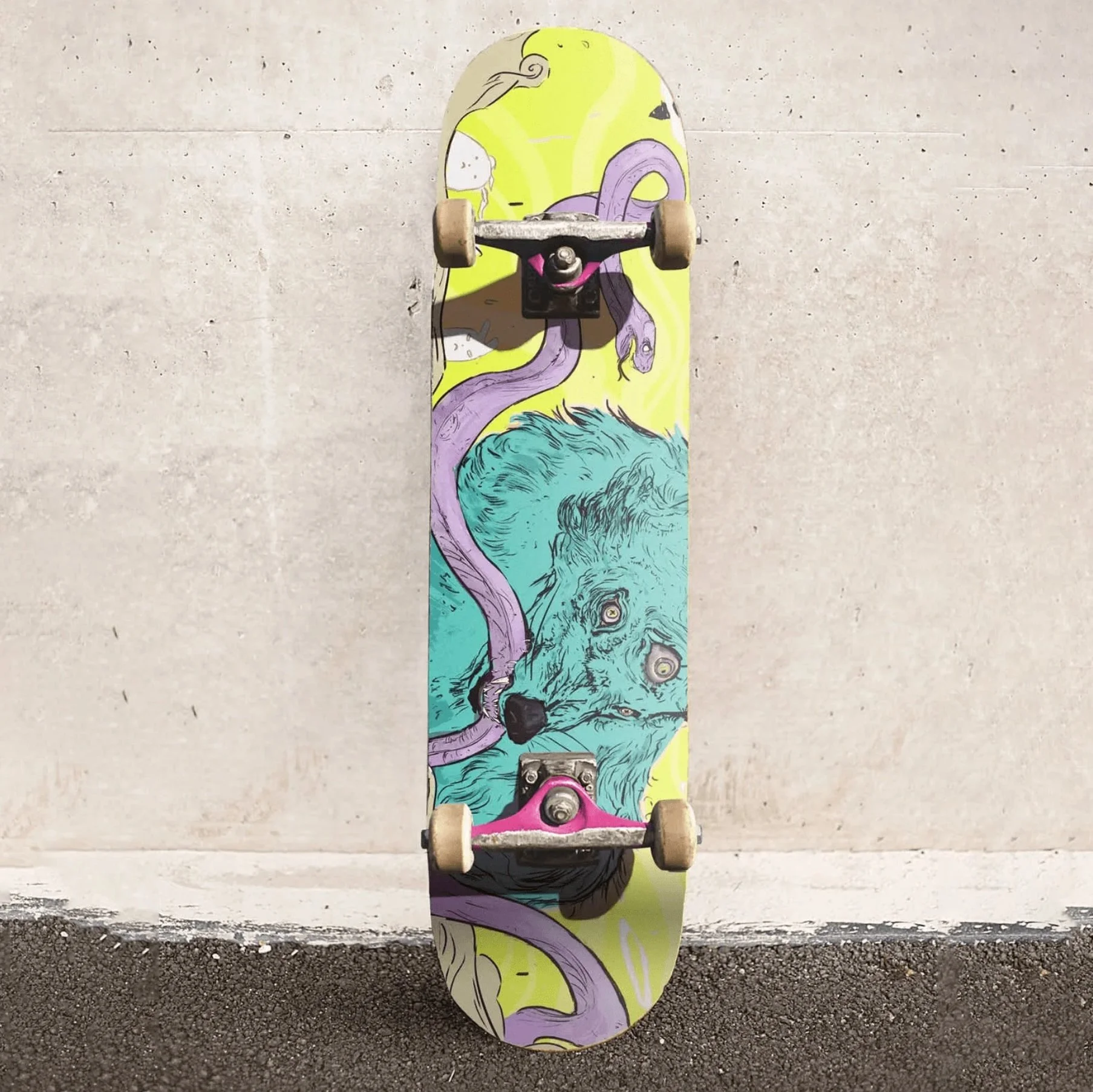 Skateboard with a colorful graphic of a blue wolf and purple snake against a yellow background, leaning against a textured beige wall.