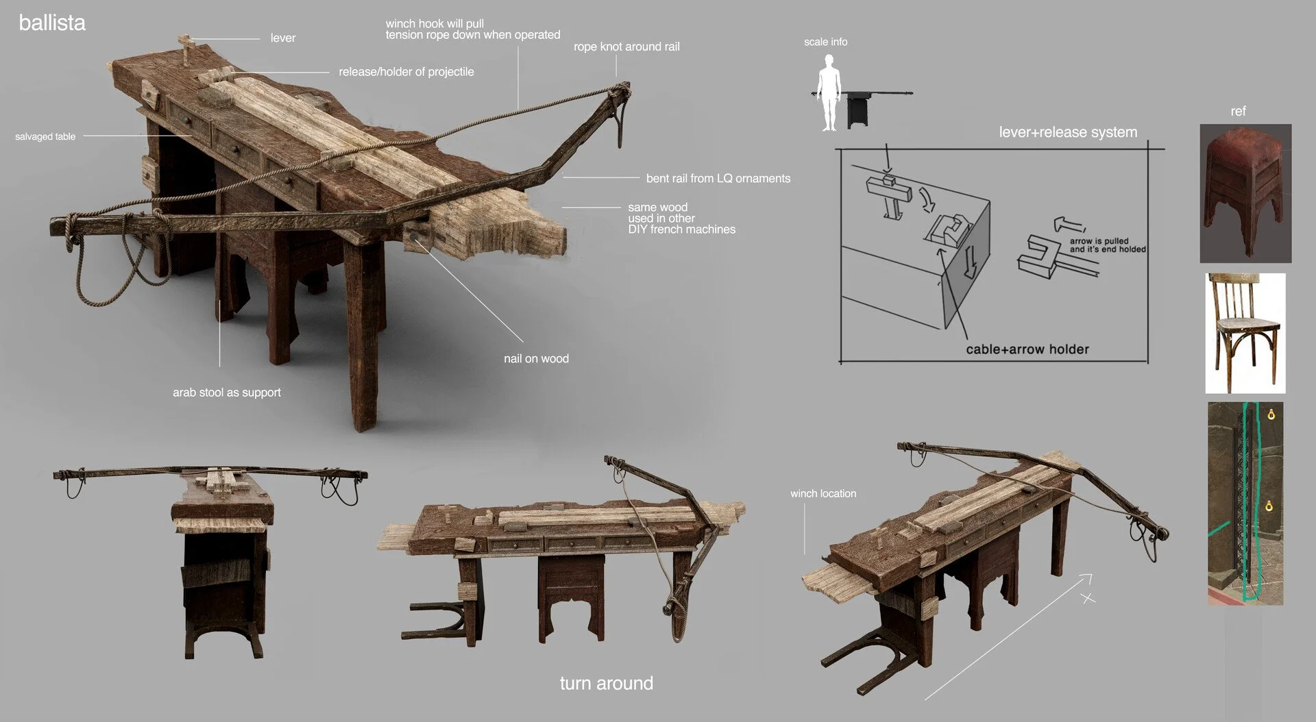 Diagram of a homemade catapult made from wood, rope, and metal. It includes labeled parts such as a lever, winch hook, tension rope, release handle, and support table. The diagram shows how to operate and assemble the device for launching projectiles