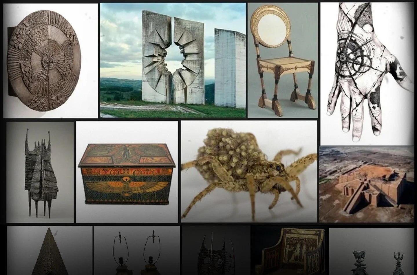 Collage of ancient artifacts, structures, and objects, including carved stone disks, modern abstract sculptures, a chair, a decorated box, a close-up of an insect, and ruins of an ancient building.