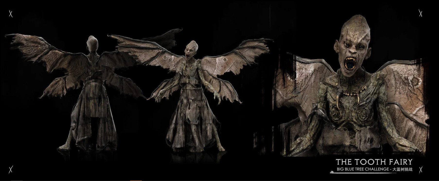A dark display of Halloween puppets or sculptures resembling a mythical creature with multiple wings, a protruding skull-like head, and an open mouth with sharp teeth. The text on the image reads "The Tooth Fairy" and mentions the "Big Blue Tree Chal