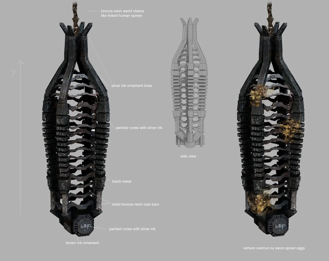 Diagram of a tall, elongated, black metallic sculpture resembling a human spine, with bronze-resin chains at the top and bronze-resin cast bars at the bottom. The sculpture features silver ink ornament lines, painted runes with silver ink, and a brow