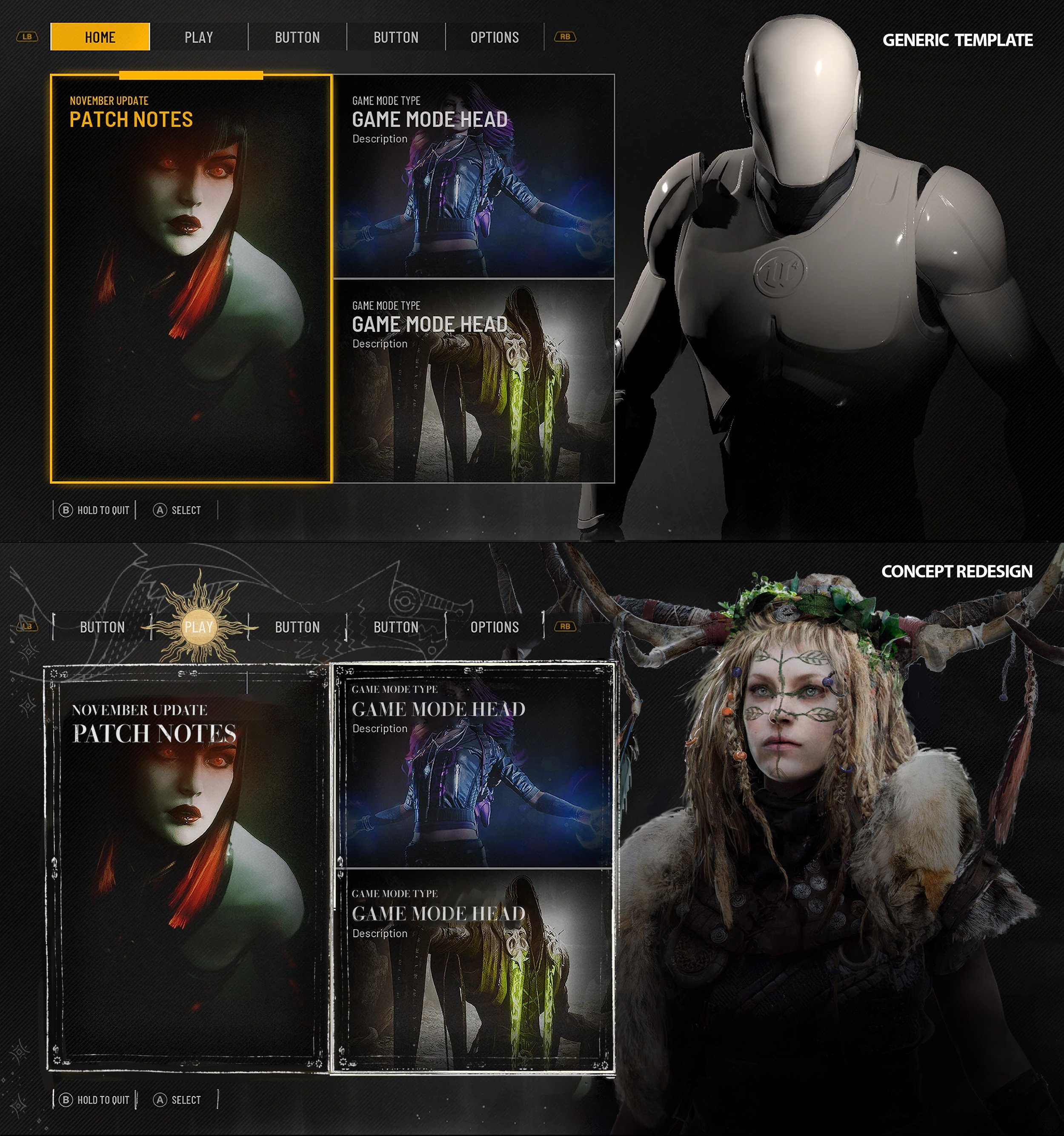 Video game interface showing character selection screen with two different character models and menu options, one featuring a sleek humanoid robot and the other a woman with elaborate fantasy makeup and costume.