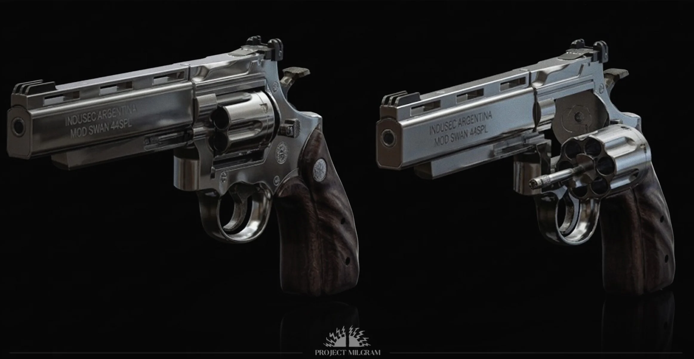 Two silver semi-automatic pistols with wooden grips against a black background, marked with 'INDUSEC Argentina' and 'MOD SWAN 44 SPL'.