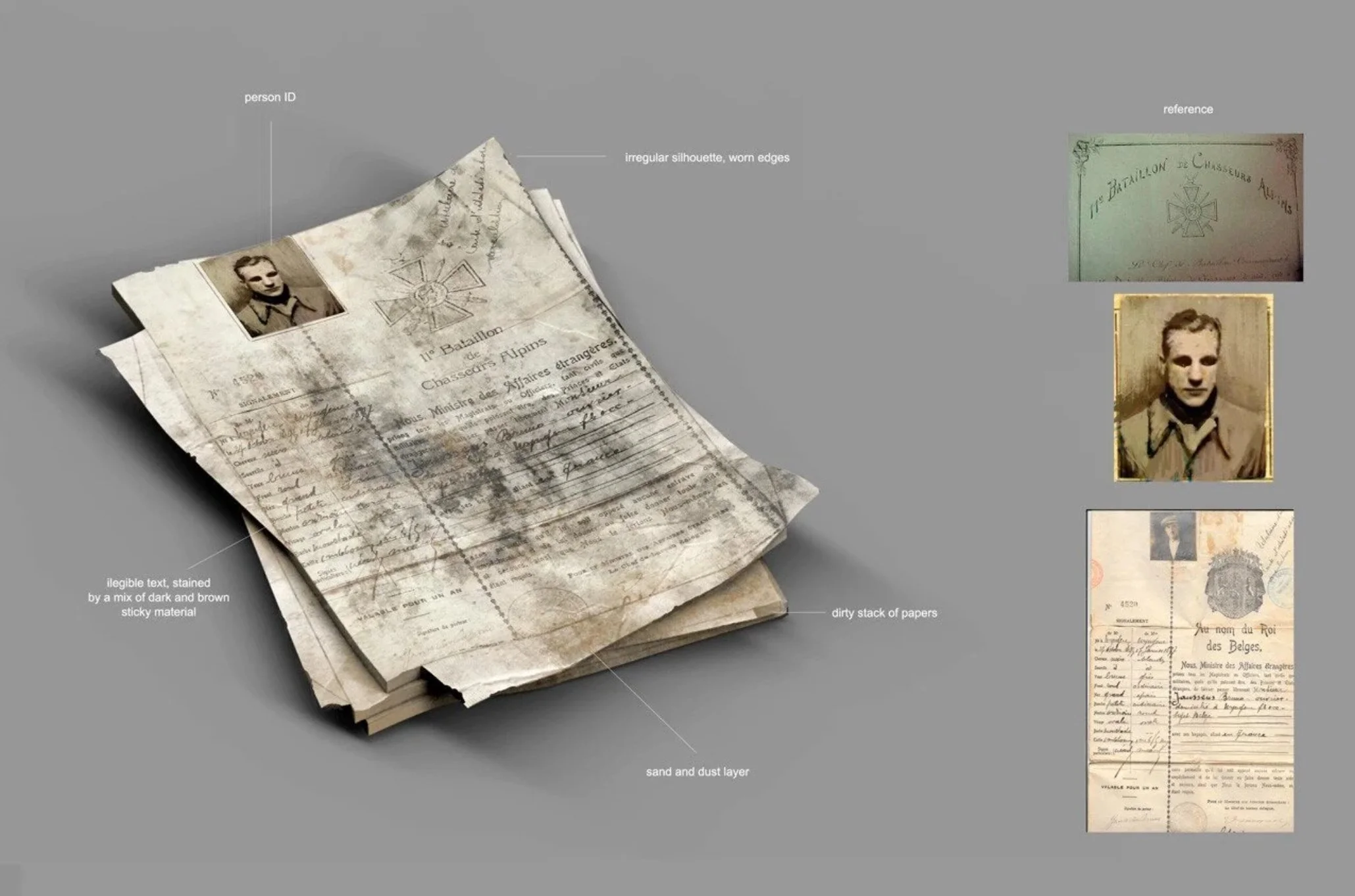 Historical documents and photographs with annotations. A worn, stained paper featuring a black and white portrait of a young man, with torn edges and handwriting. Smaller images of an identification card and a handwritten letter, depicting aged, fade