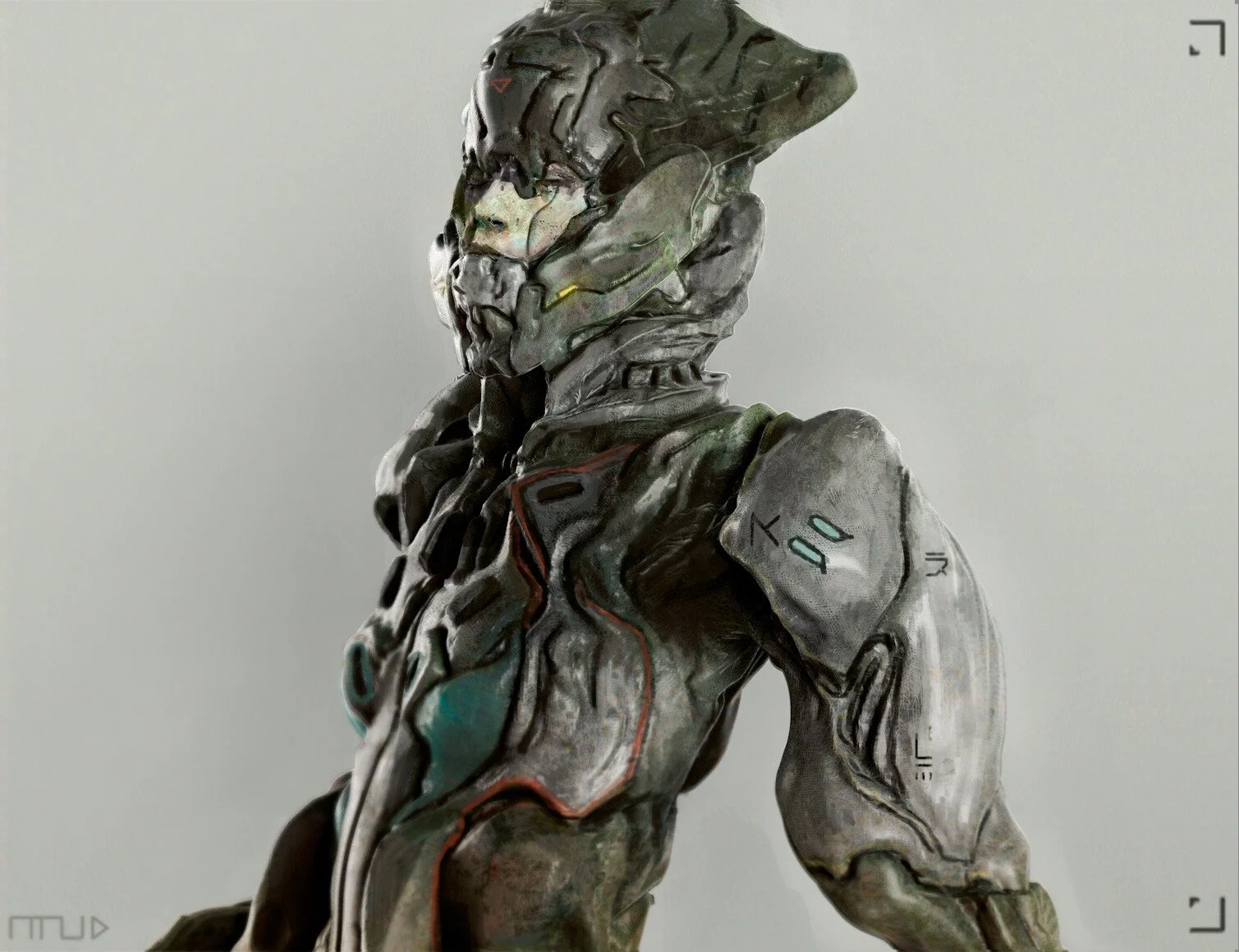 A futuristic humanoid robot with a sleek, armored design and a helmet-like head, standing against a plain background.