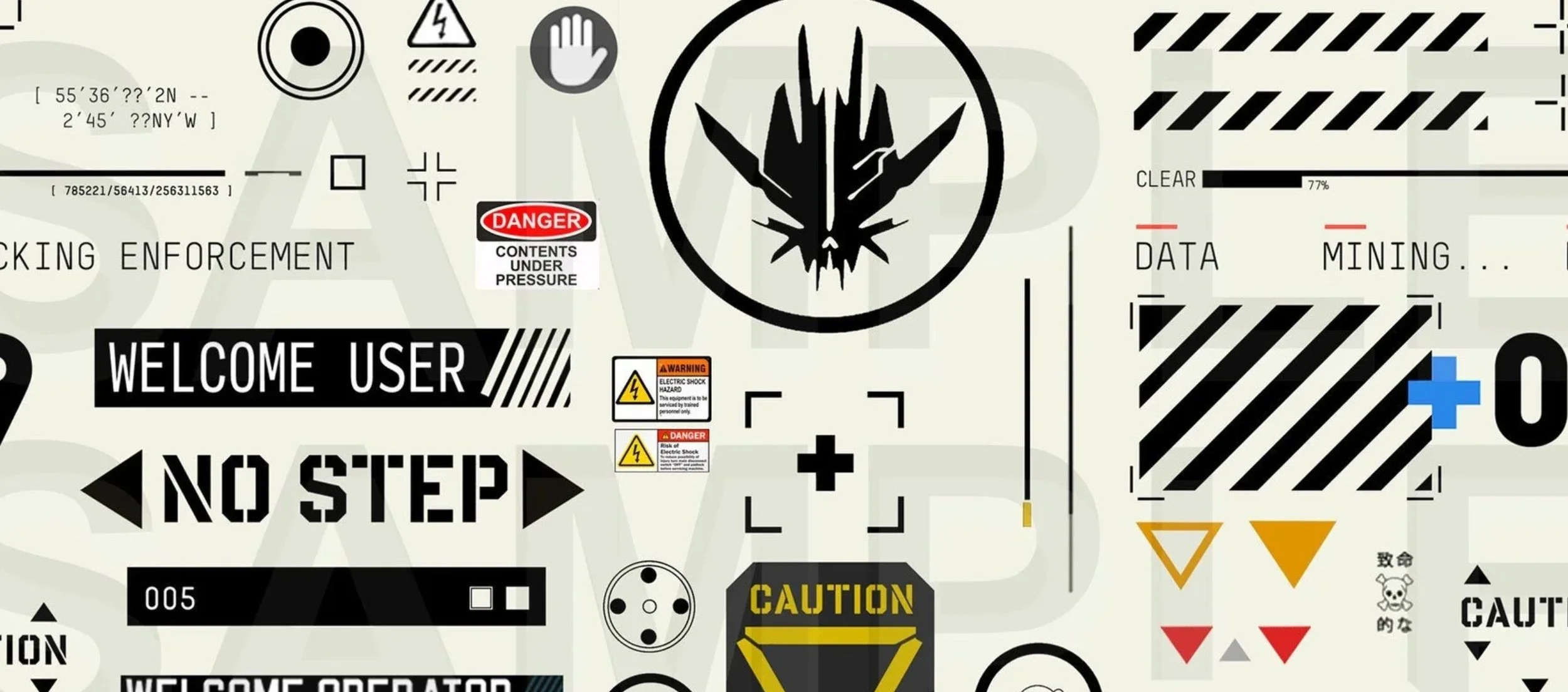 A digital, sci-fi inspired warning and informational display with labels such as 'WARNING', 'DANGER', 'CAUTION', 'WELCOME USER', and 'NO STEP'. It contains various symbols including skulls, crosses, arrows, and hazard signs, with a central emblem res