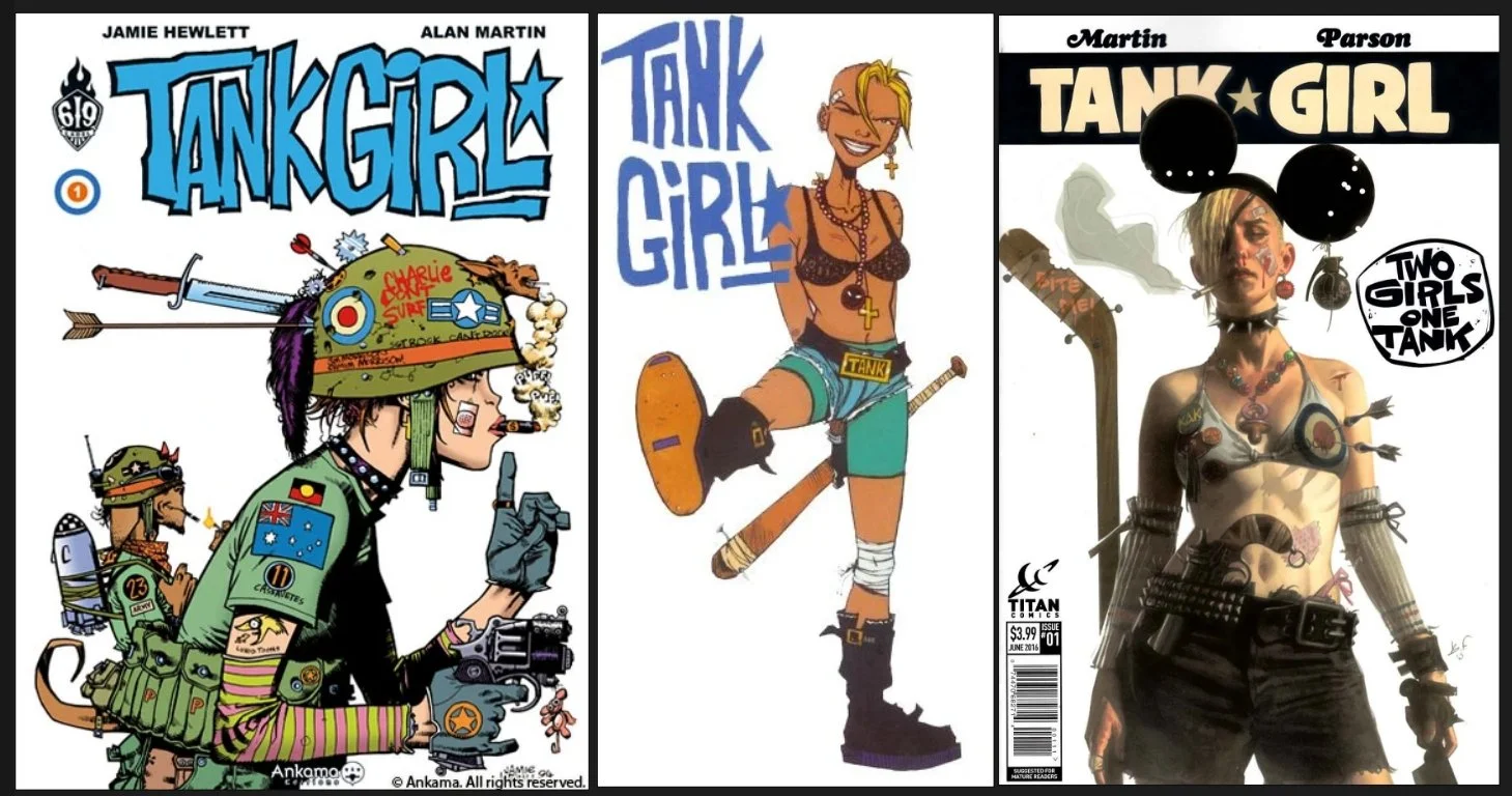 several cover designs of tank girl by jamie hewlett