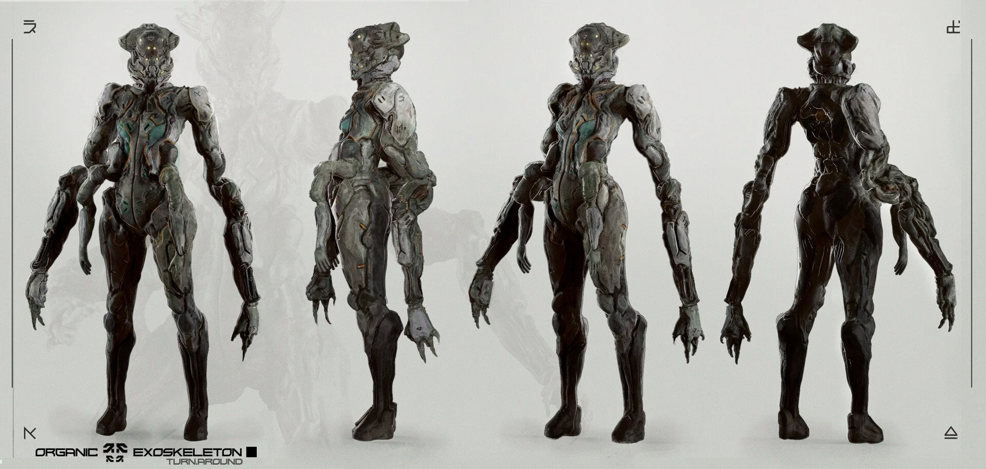 Concept art of an alien humanoid creature with a skeletal structure, shown from multiple angles, with some organic features and LED accents.