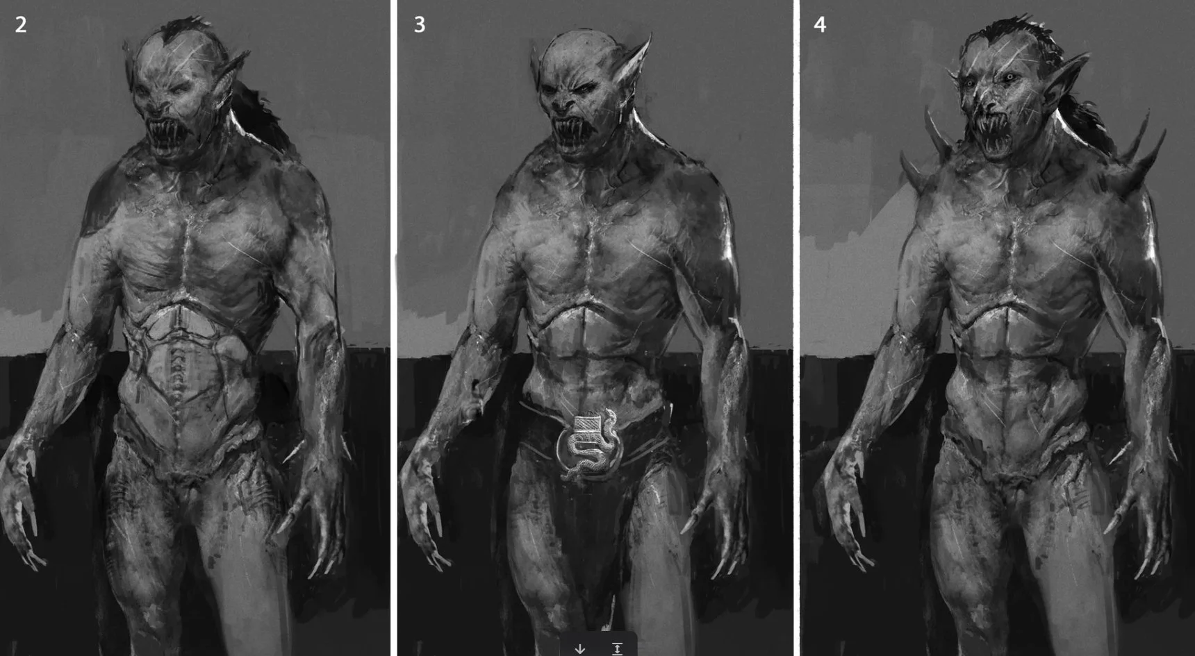 Concept art of a fantasy creature with a humanoid body and monstrous face, featuring pointed ears, sharp teeth, and a fierce expression, shown in three stages of evolution.