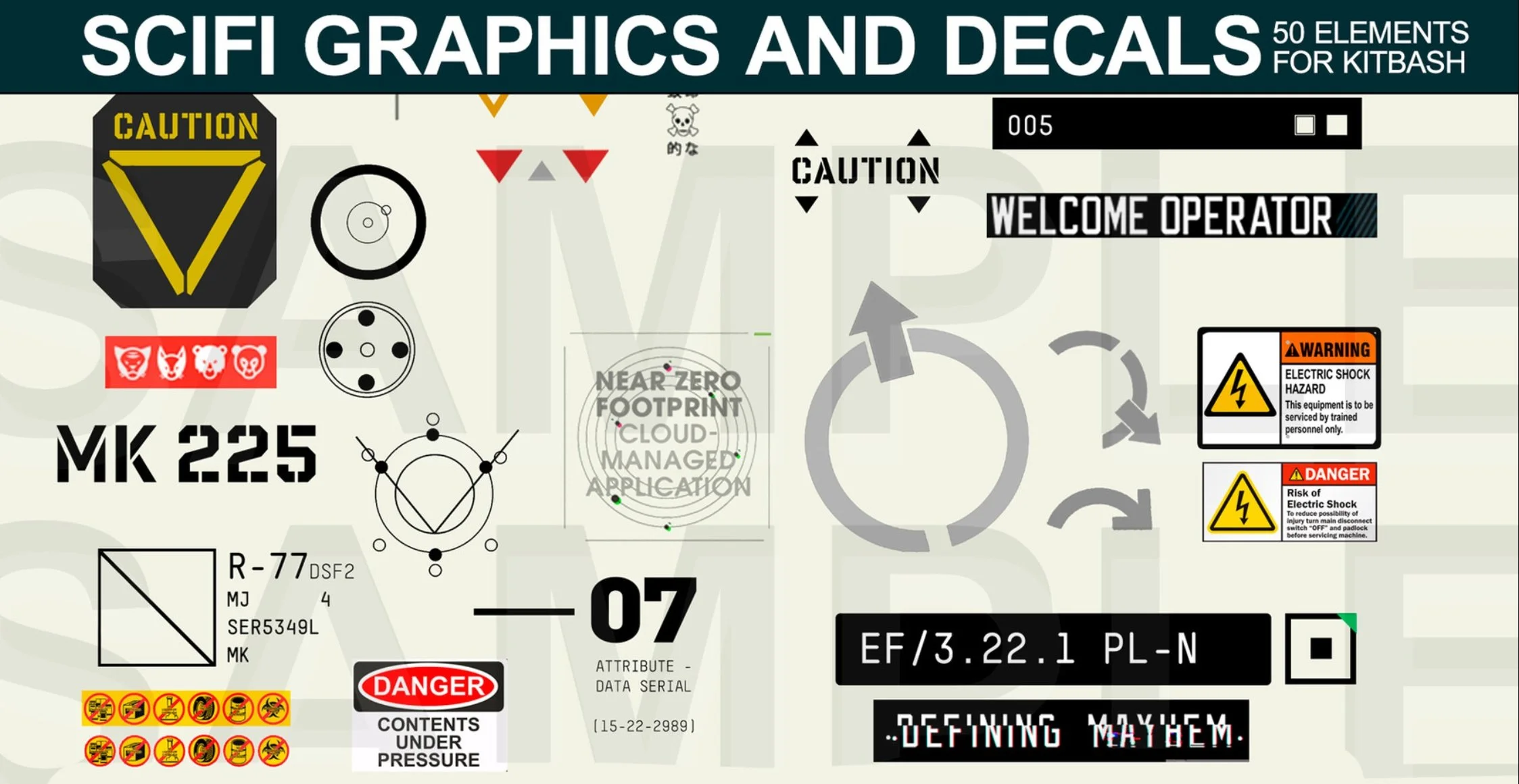 A sci-fi graphic design and decal sheet featuring technical symbols, caution signs, warning labels, and futuristic interface elements. Includes text such as "SCIFI GRAPHICS AND DECALS," "MK 225," and various warning messages related to electrical haz