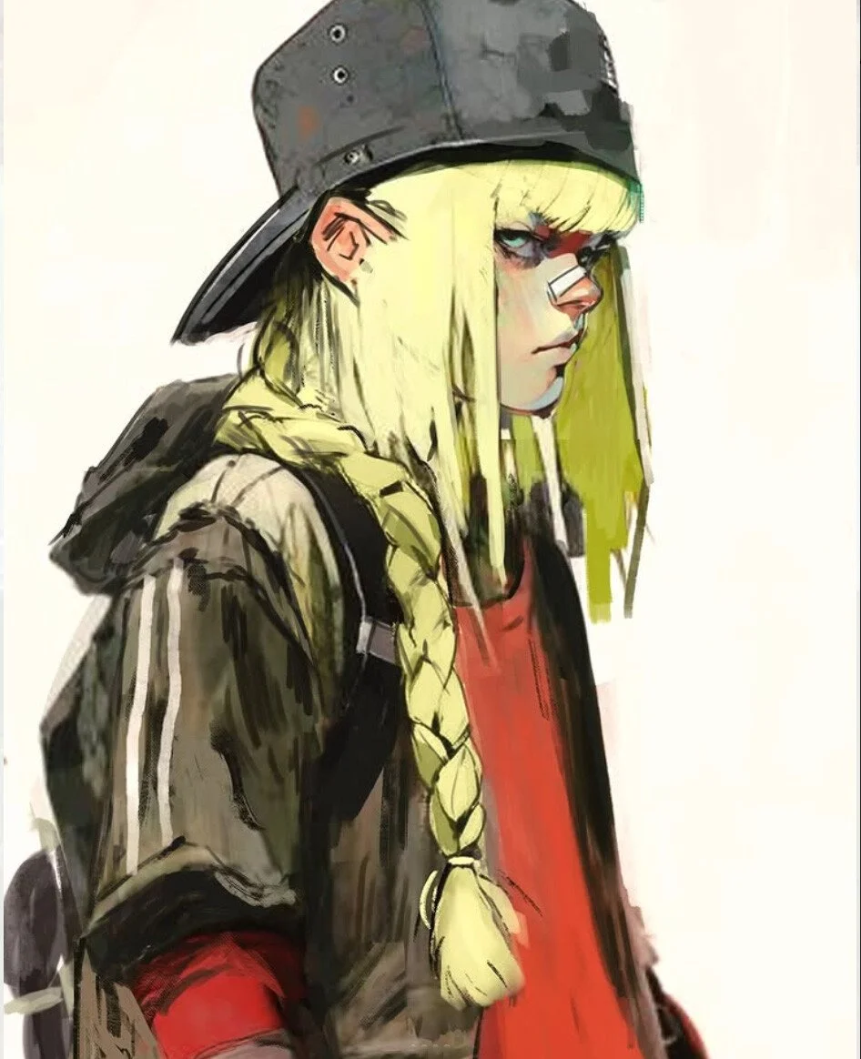 A young woman with long blonde hair in a braid, wearing a black baseball cap backward, a bandage on her nose, a black hoodie underneath a brown jacket, and a red shirt. She has a serious or brooding expression.