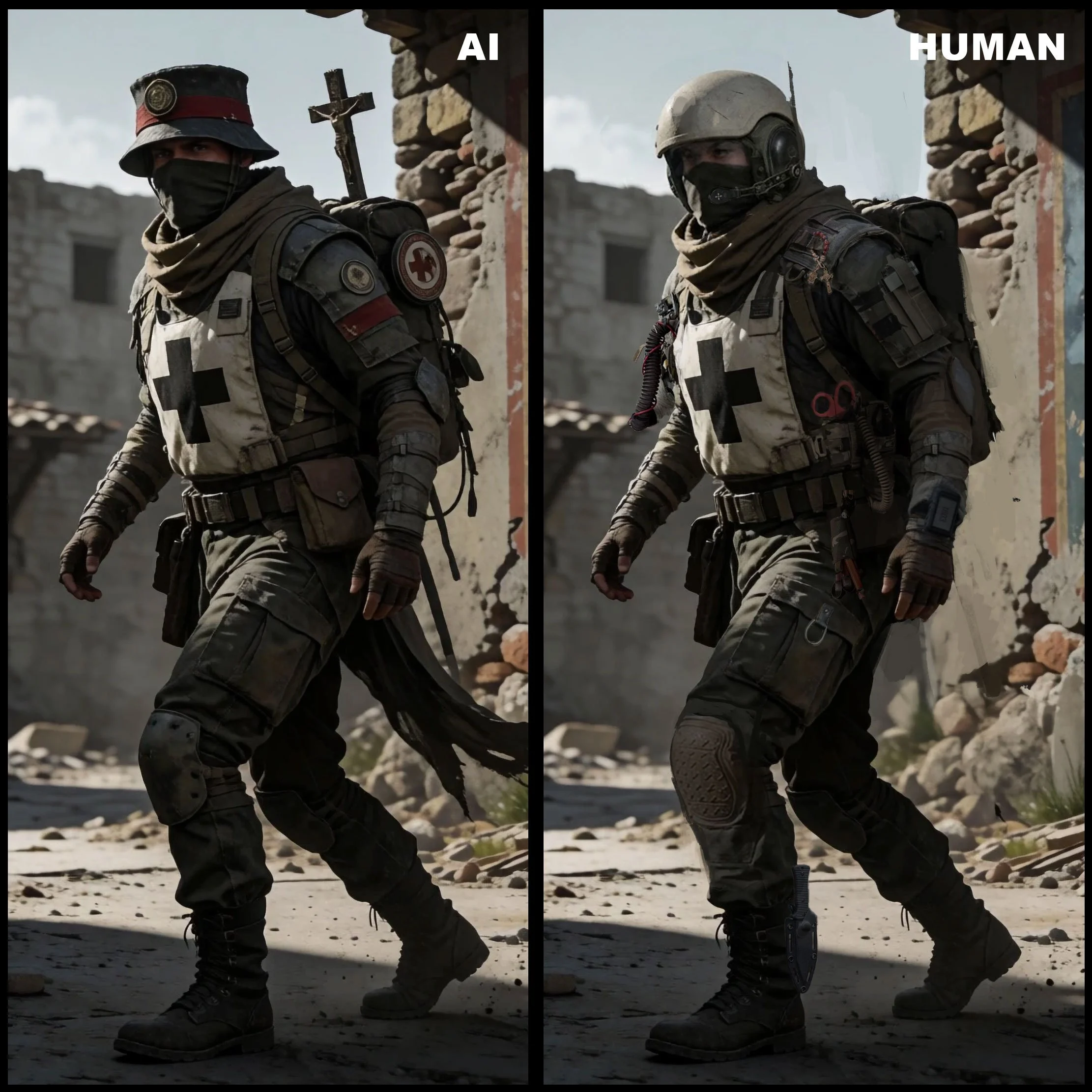 the difference between ai and a human professional concept artist, represented by freelancer miguel nogueira, who painted over and fixed the AI generated assets that were generic