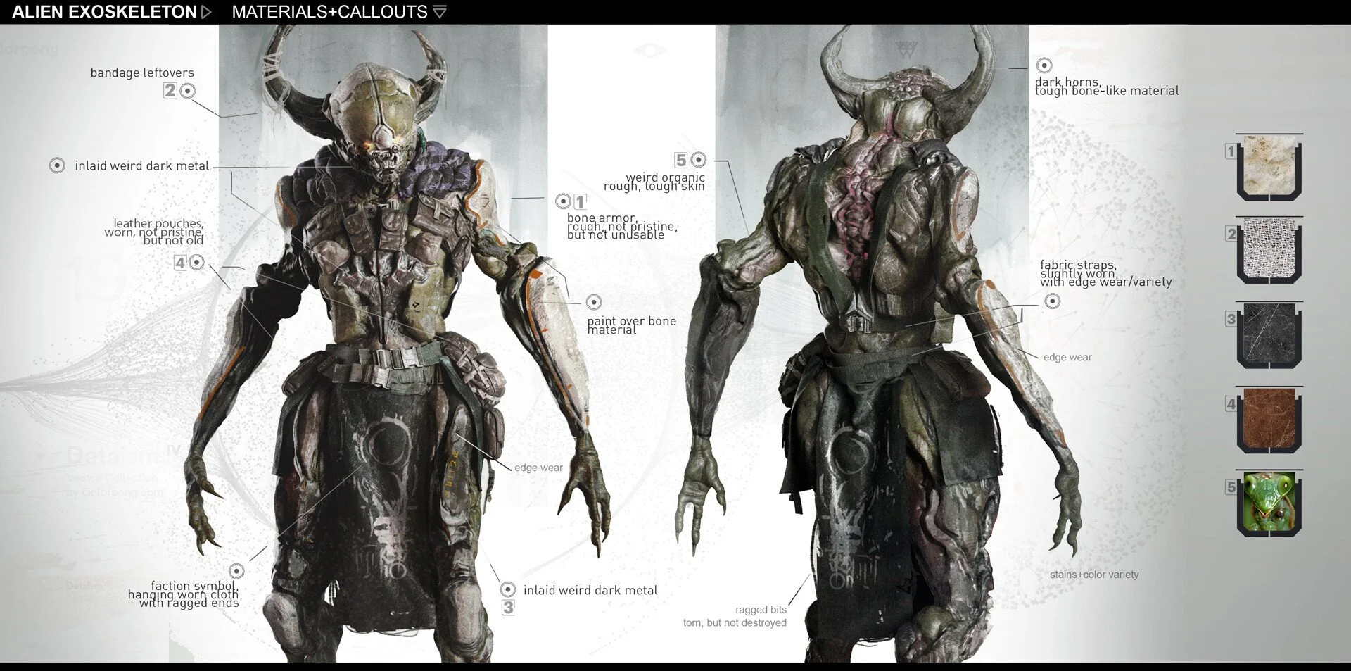 Comparison of alien exoskeleton features with annotations highlighting materials and callouts, including dark horns, rough skin, worn fabric straps, and edge wear.