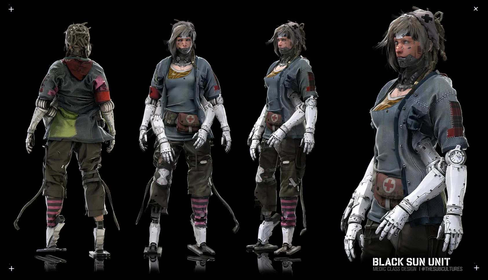 Digital concept art of a female cyborg with mechanical arms and legs, wearing a gray jacket with medical patches, and sporting dreadlocks with dreadlocks and a beanie, seen from four angles against a black background. Text at bottom right reads 'Blac