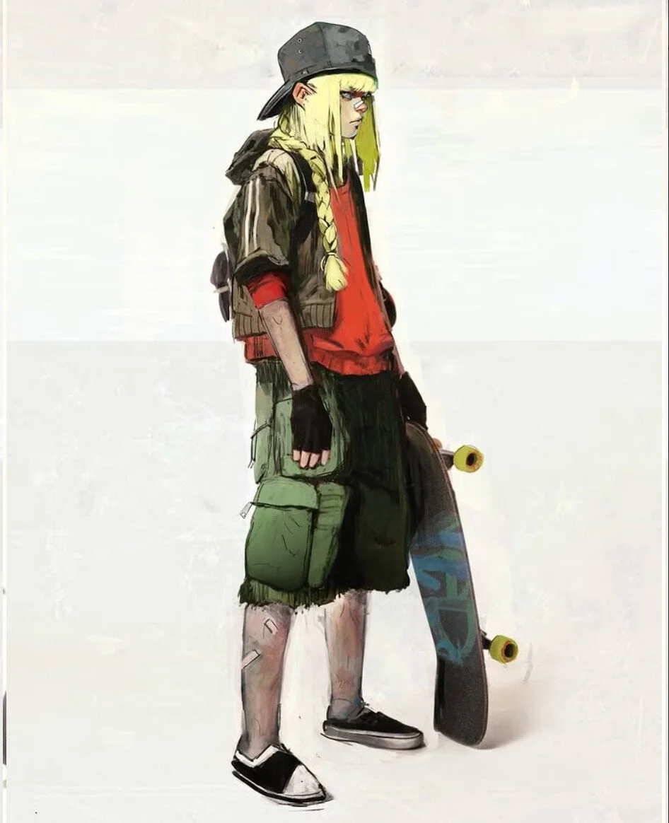 Illustration of a teenage girl with blonde hair, wearing a black cap backwards, a brown jacket, red shirt, green cargo shorts, and black slip-on shoes. She is holding a skateboard with a blue design and yellow wheels.