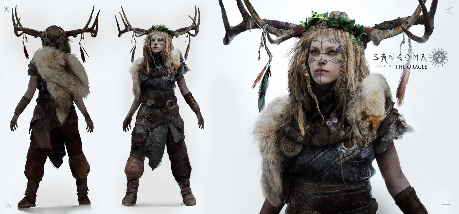 Digital concept art of a warrior woman with deer antler headdress, face paint, braided hair with beads, wearing fur, leather, and fabric clothing, carrying a tribal-inspired shield on her back, in a fantasy style.