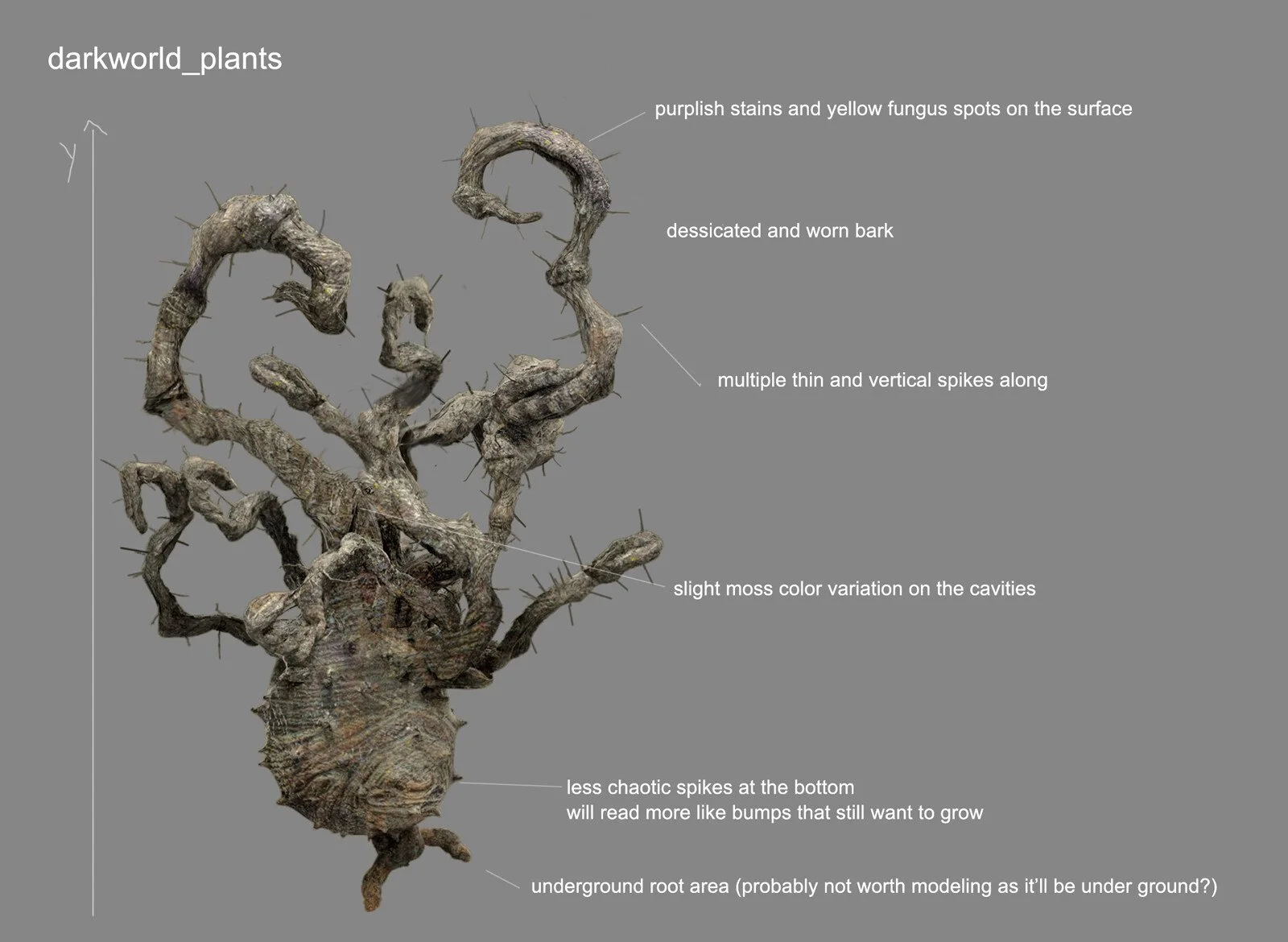 Image of a dark, twisted plant or root with multiple thin vertical spikes along its length. The surface shows purplish stains, yellow fungus spots, and slight moss color variation in the cavities. The bottom has less chaotic spikes, resembling bumps,