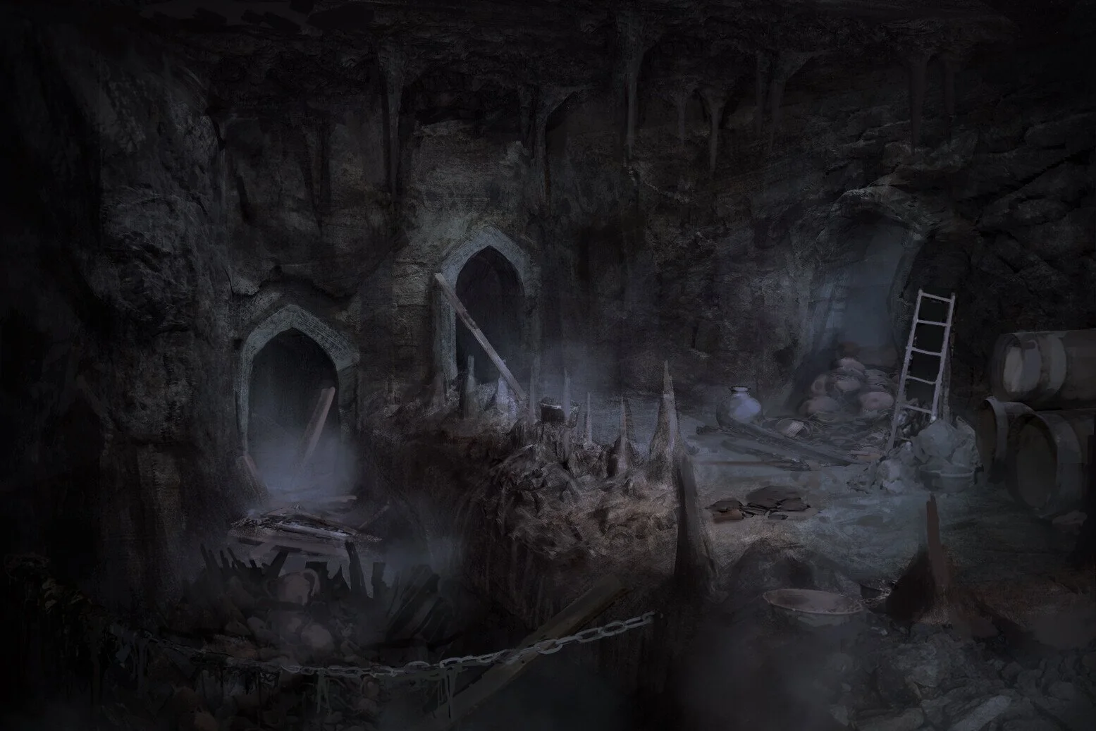 A dark, eerie underground mine with arched stone entrances, scattered pottery, a ladder leaning against the rock wall, and rough ground with stalagmites in a misty atmosphere.
