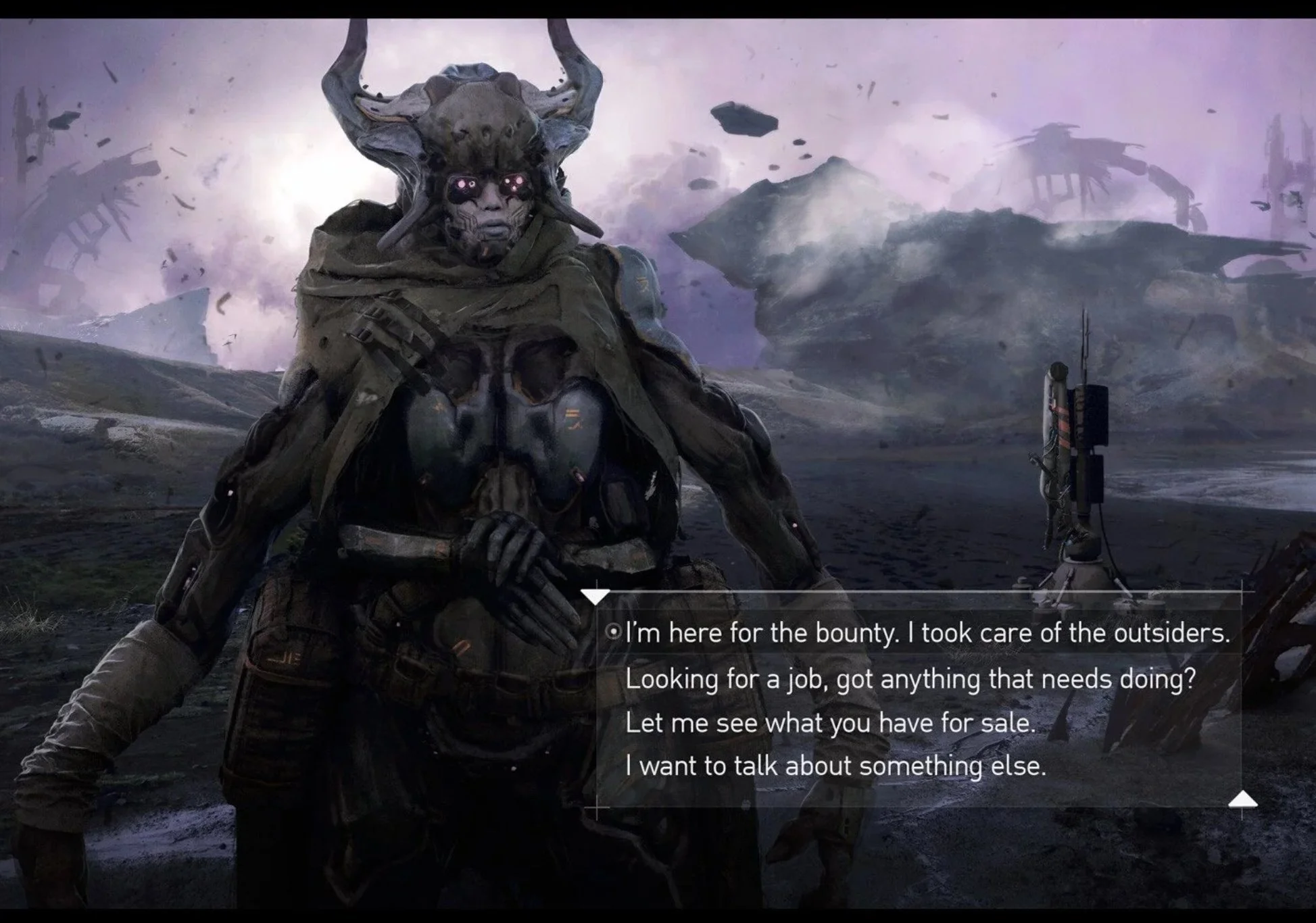 A humanoid alien wearing a brown military-style jacket, with a creature skull headdress, glasses with glowing pink lights, and dark colored armor, kneeling on a rocky terrain. In the background, there are alien structures and a purple sky with clouds