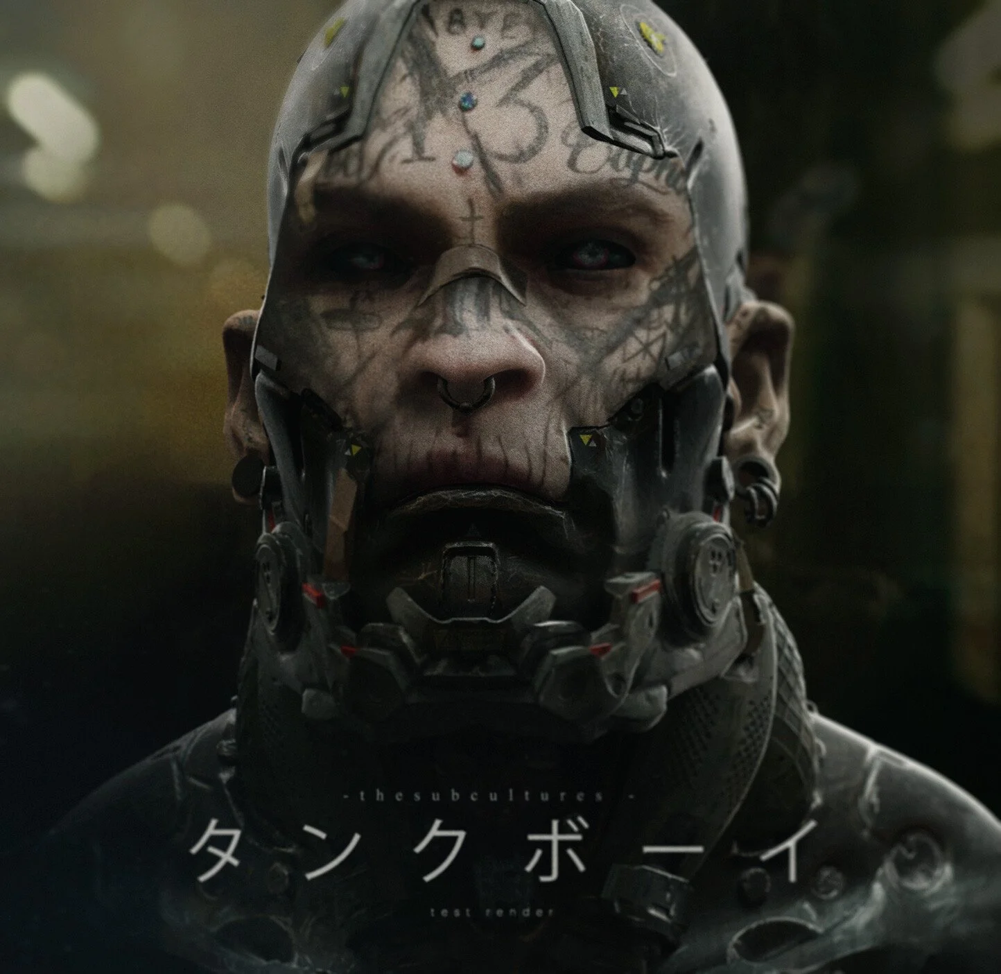 Close-up of a person with cybernetic enhancements and tattoos on their face, wearing a high-tech mask and armor, with Japanese text and English hashtags.