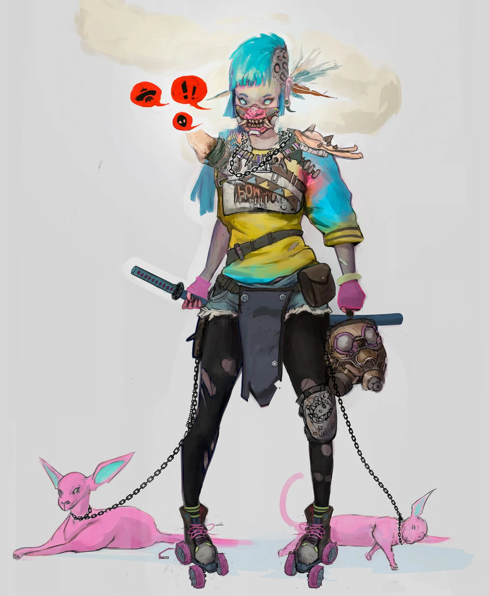 A graffiti-style digital illustration of a punk-skater girl with blue hair, tattoos, a pink mask, and a spiked shoulder pad. She holds a katana and is accompanied by two pink dogs on roller skates, connected by chains.