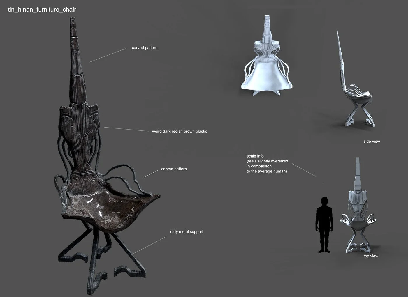 3D render of a chair design resembling a sci-fi creature, with notes about carved patterns, dark reddish plastic, metallic support, and scale comparison to a human silhouette, labeled with top, side, and front views.