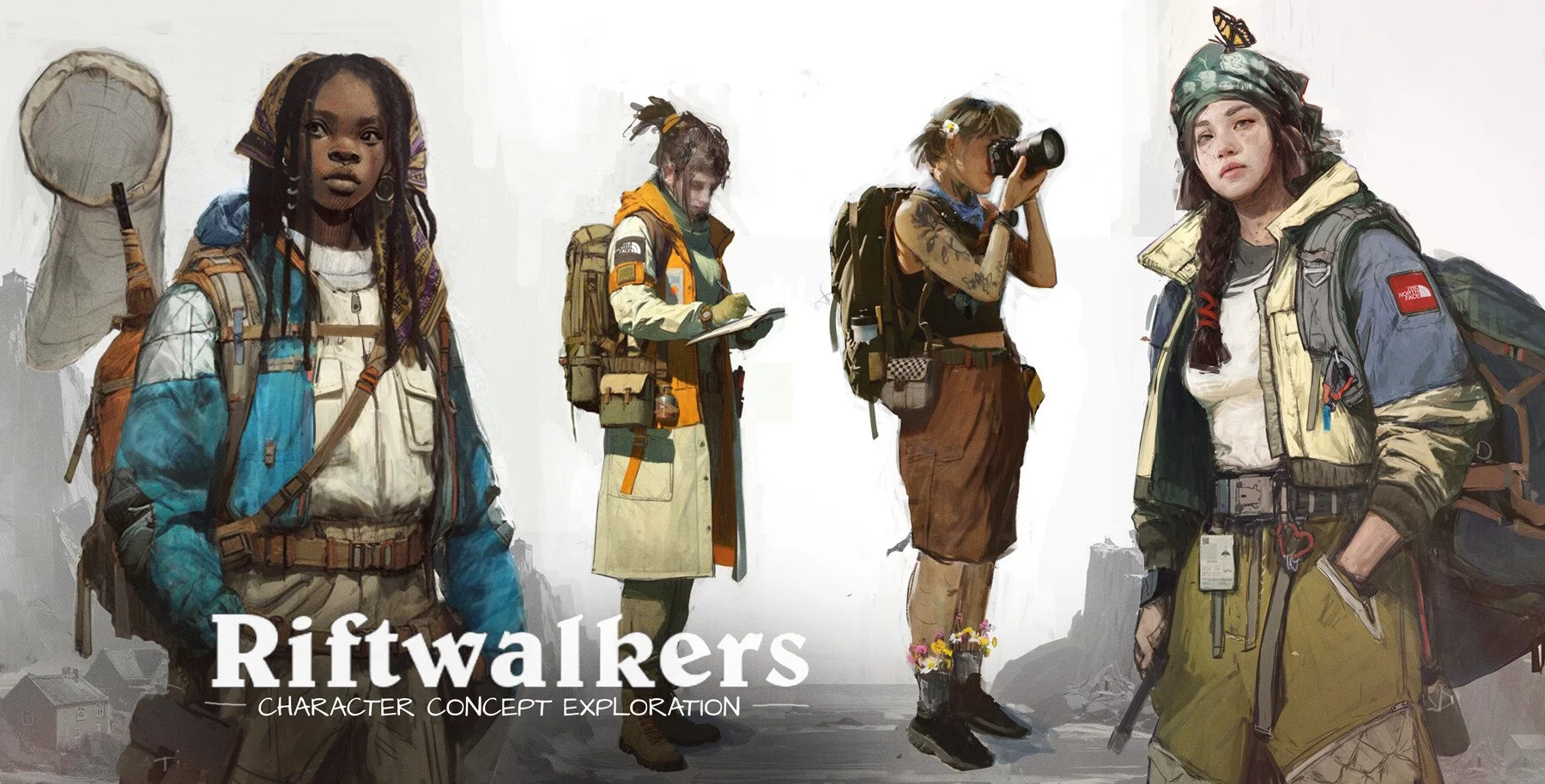 Digital illustration of four diverse female adventurers wearing outdoor gear with backpacks, exploring a rugged landscape with small houses in the background, titled 'Riftwalkers Character Concept Exploration'.