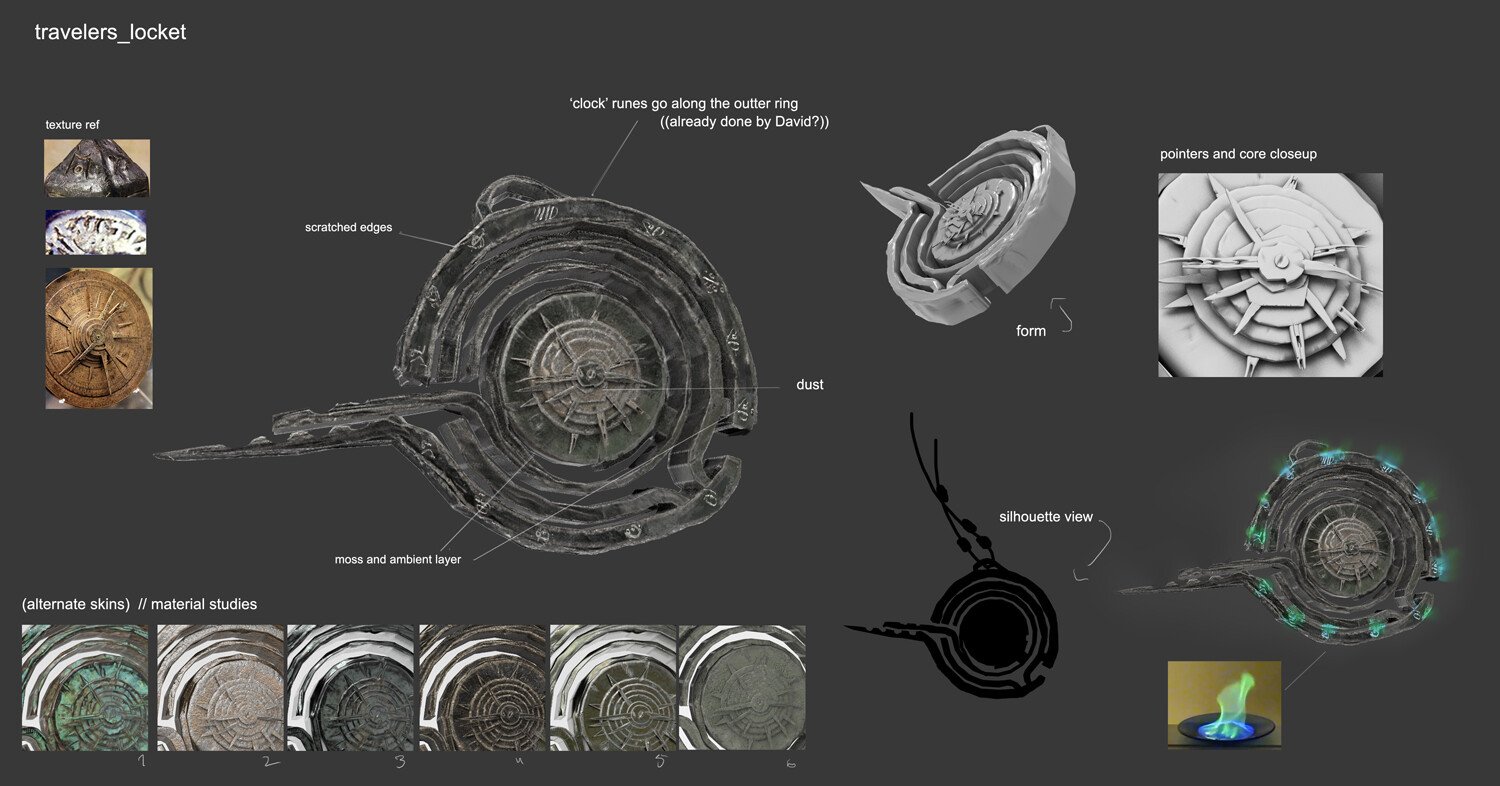 A detailed diagram of a locket with annotations. The diagram shows the design, material studies, and various views of the locket, including a silhouette and a glowing effect. The locket is decorated with clock rune patterns and textured layers, with 