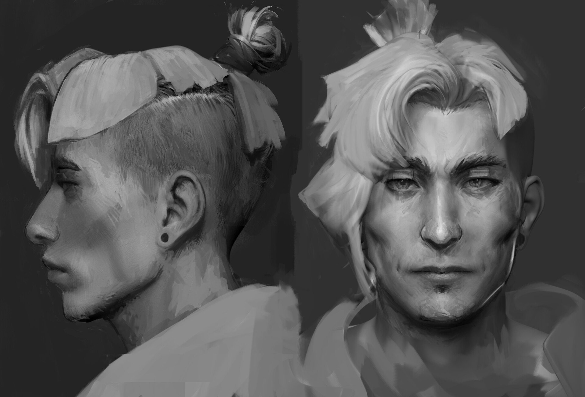 Black and white digital portrait of a person shown from both side and front views, with short, styled blond hair and a serious expression.