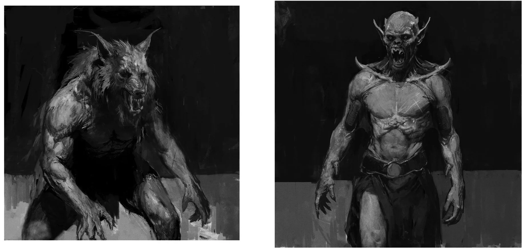 Werewolf and vampire creature design, side by side, showcasing creative explorations and a range of possibilities for a board game project
