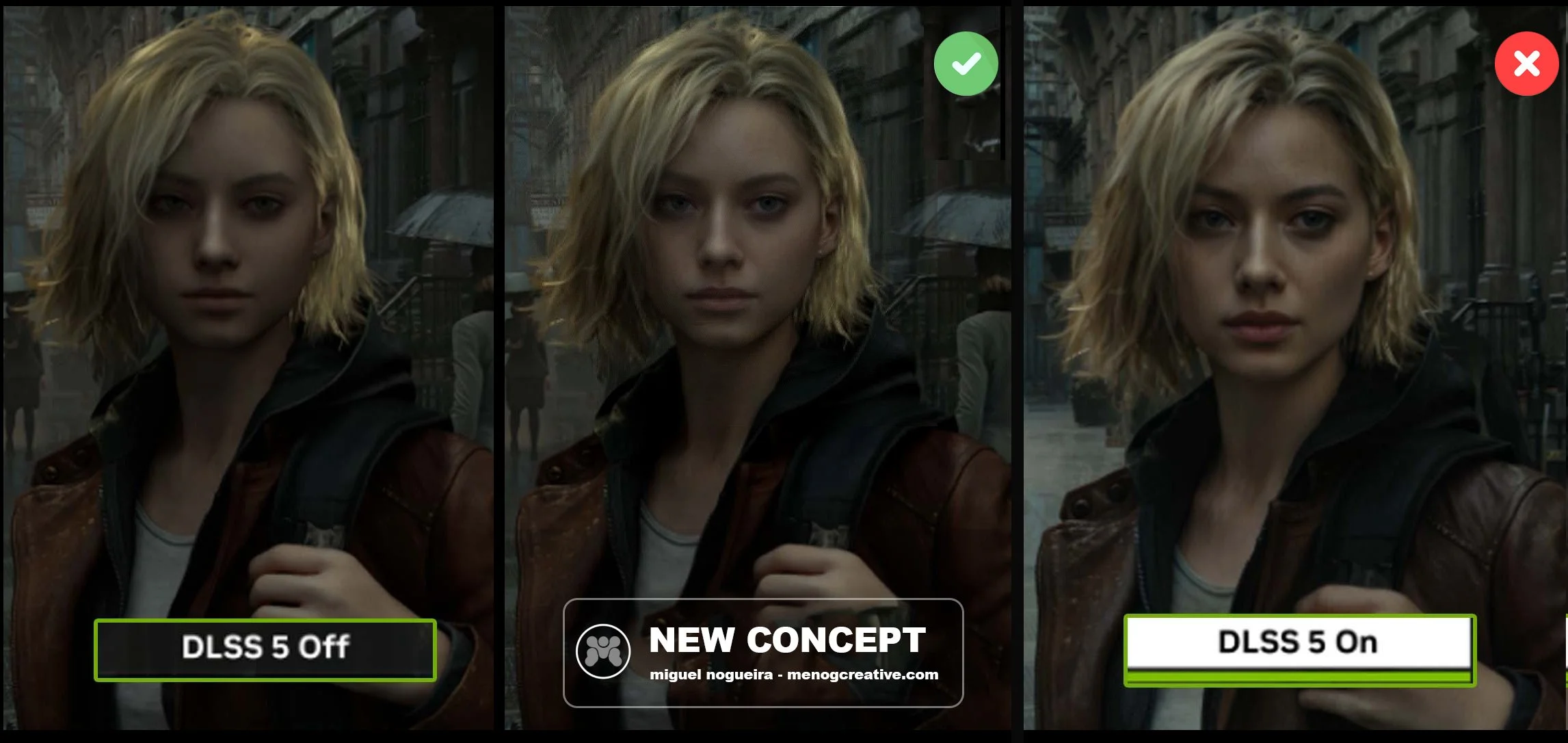 before and after images on how to improve your character design, using nvidia and capcom example of grace ashcroft, with a fixed paintover by concept artist miguel nogueira