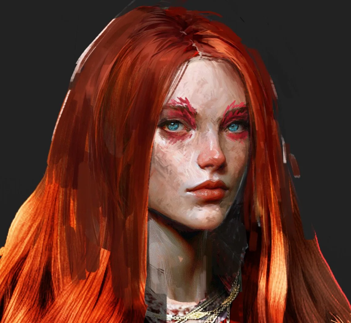 A digital painting of a young woman with long red hair, blue eyes, and pink eye makeup, wearing layered necklaces, against a dark background.