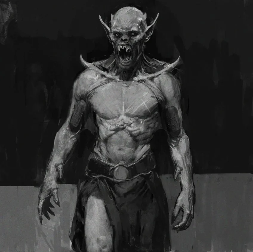 A black and white illustration of a monster with pointed ears, sharp teeth, and a muscular physique, standing with arms at its sides and an aggressive expression.