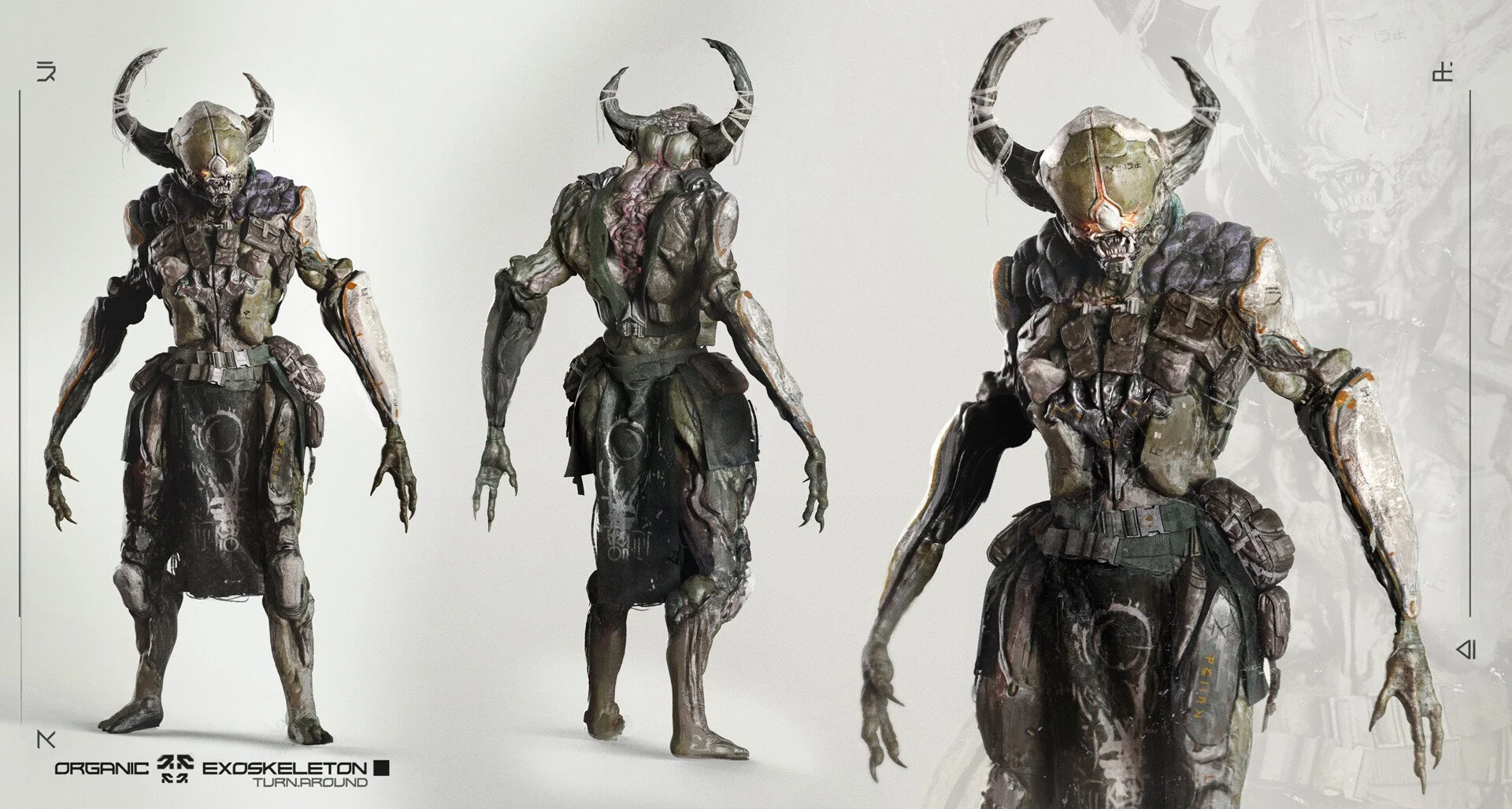 Three alien creature designs with horns, cybernetic armor, and tattered clothing, viewed from front, side, and front angles, set against a plain background with digital graphics and text.