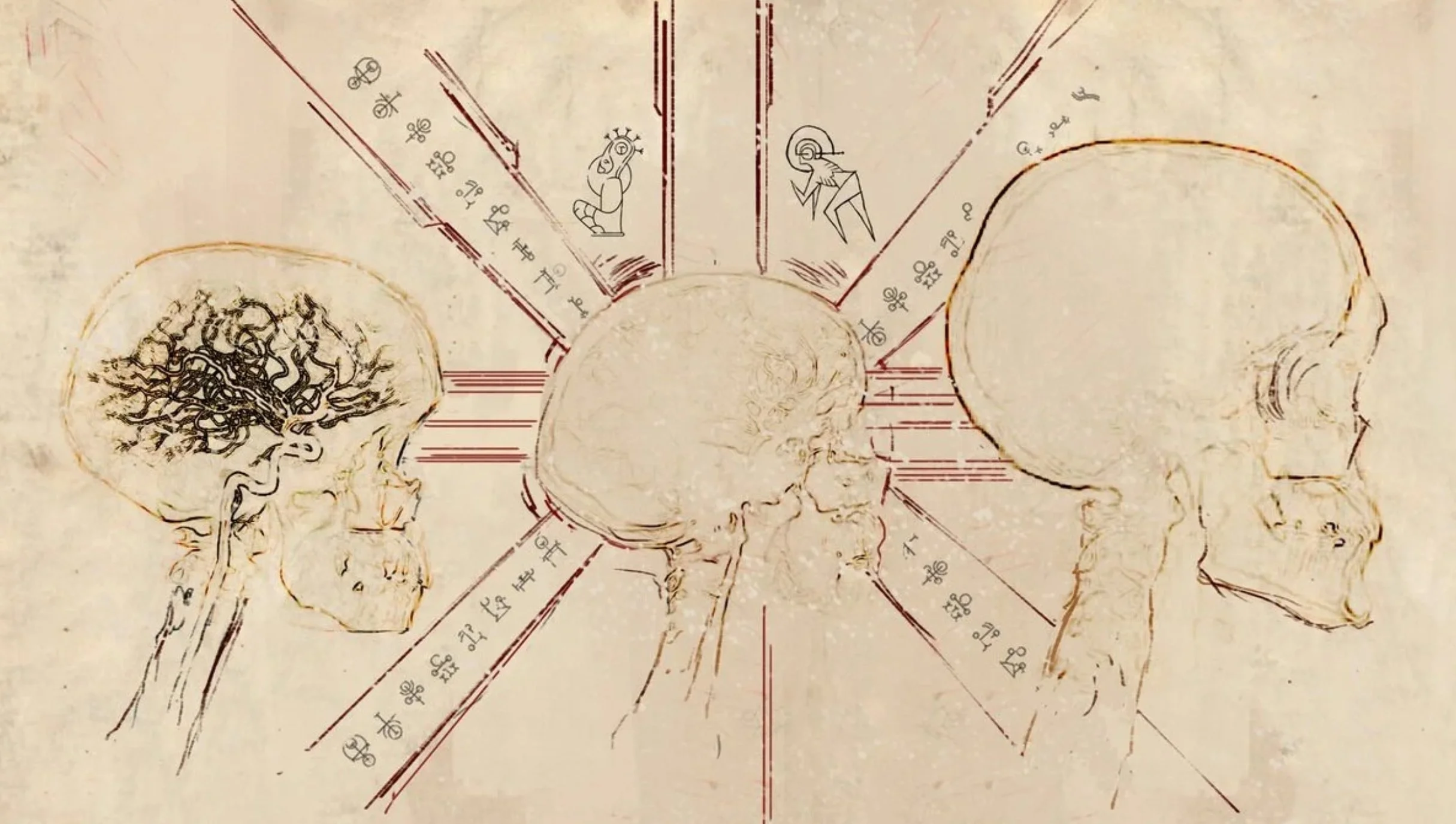 Artistic sketch of the human brain and head in profile, with illustrations of a tree, a dog, a person, and geometric symbols, along with technical markings and line drawings.