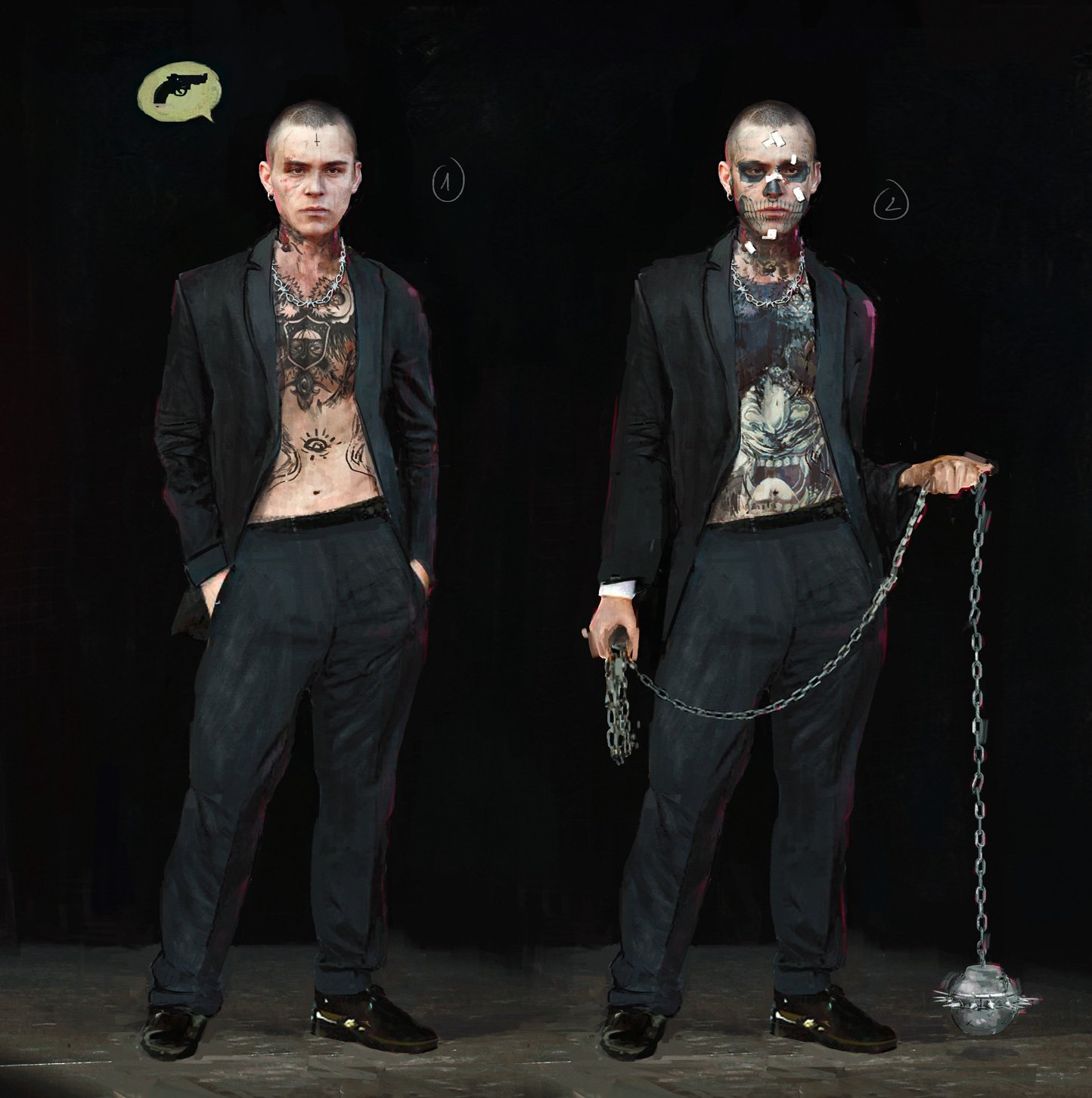 Two young men with tattoos and shaved heads, wearing black suits and no shirts, posing against a black background. One has a chain necklace, and the other holds a chain with a metal ball attached.