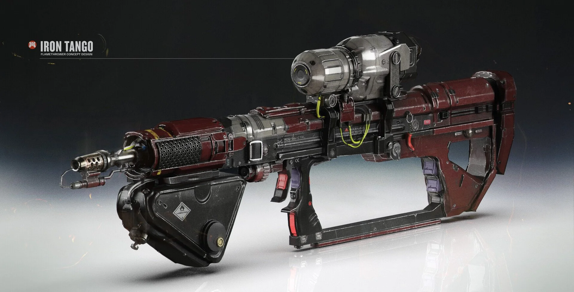 A futuristic gun named Iron Tango with a sleek, black and silver design, featuring a mounted scope and green wiring, set against a dark background.